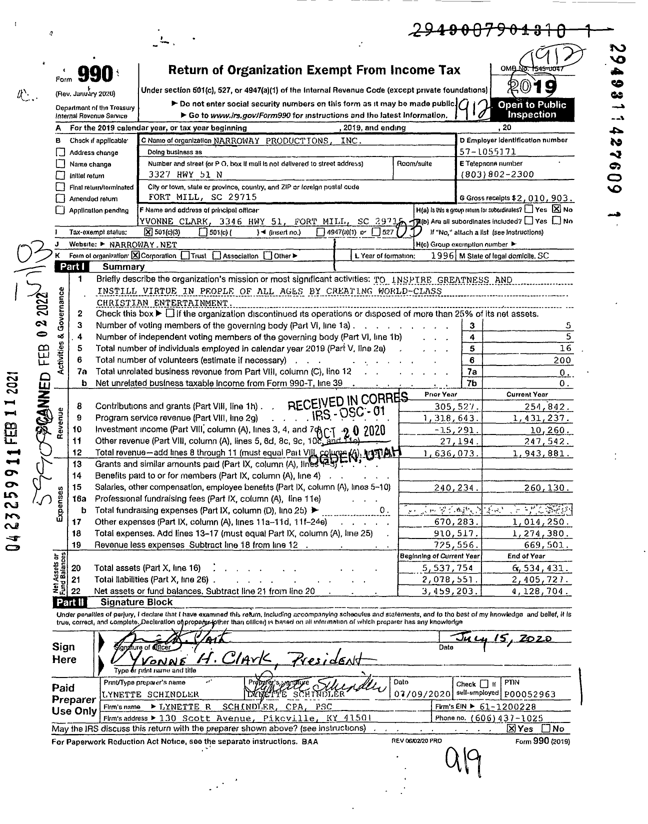 Image of first page of 2019 Form 990 for Narroway Productions