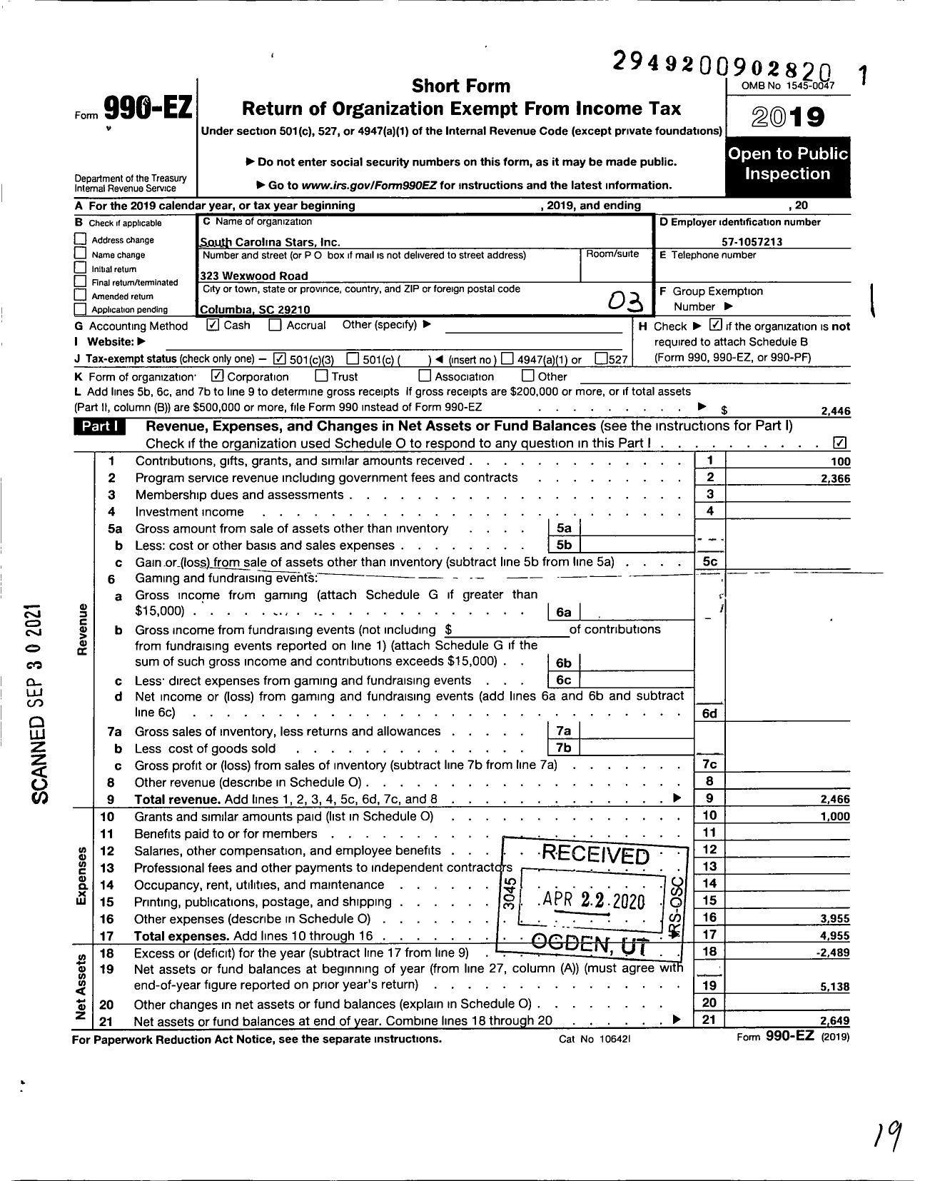 Image of first page of 2019 Form 990EZ for South Carolina Stars