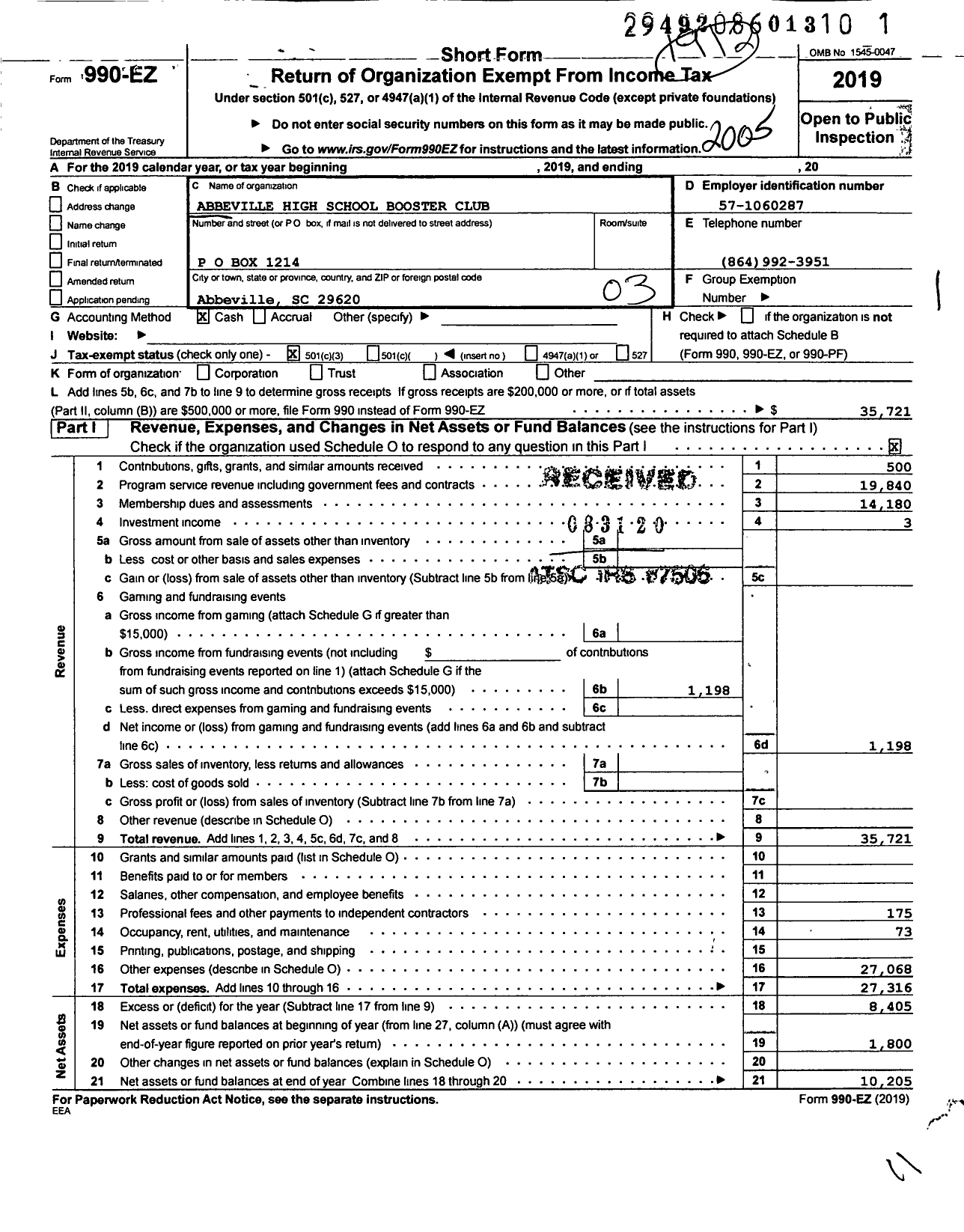 Image of first page of 2019 Form 990EZ for Abbeville High School Booster Club