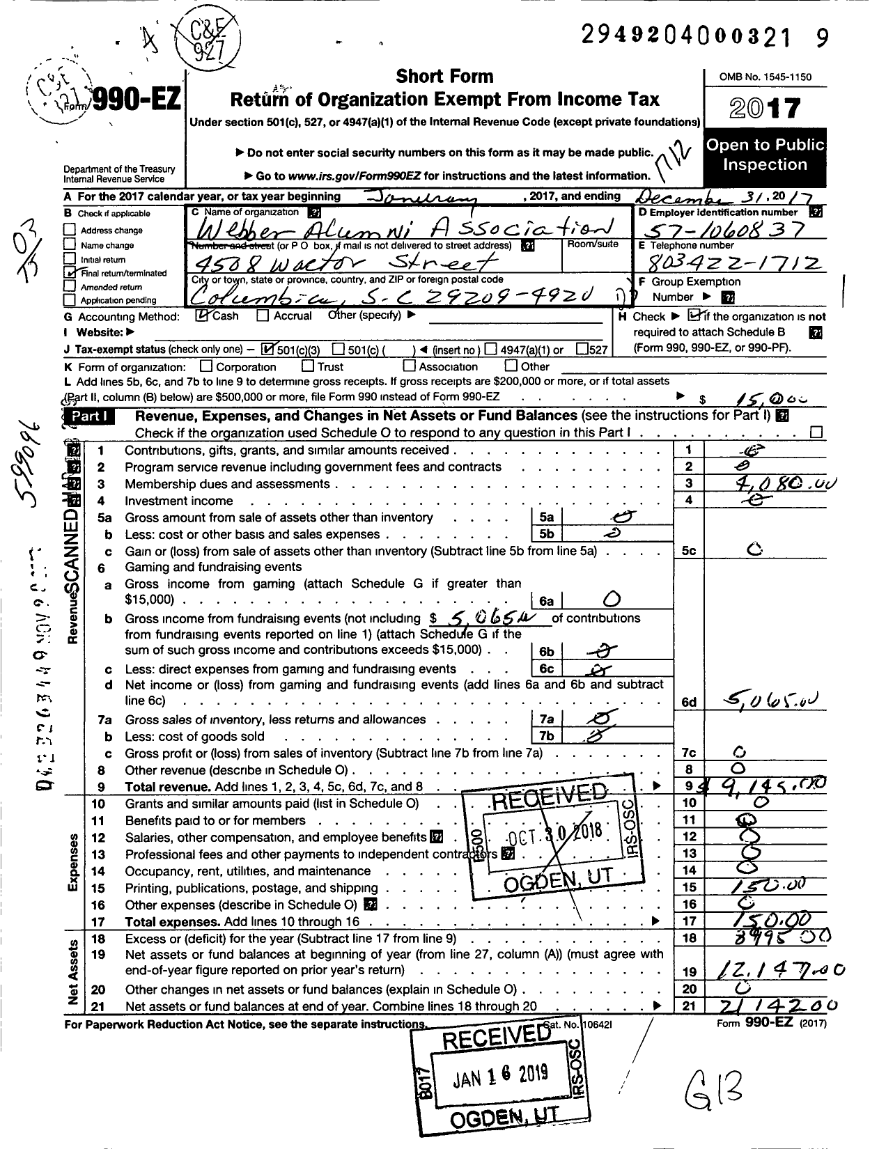 Image of first page of 2017 Form 990EZ for Webber Alumni Association