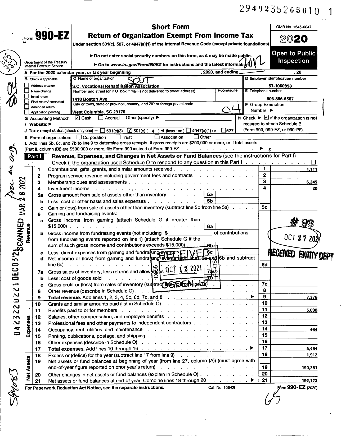 Image of first page of 2020 Form 990EO for South Carolina Vocational Rehabilitation Association