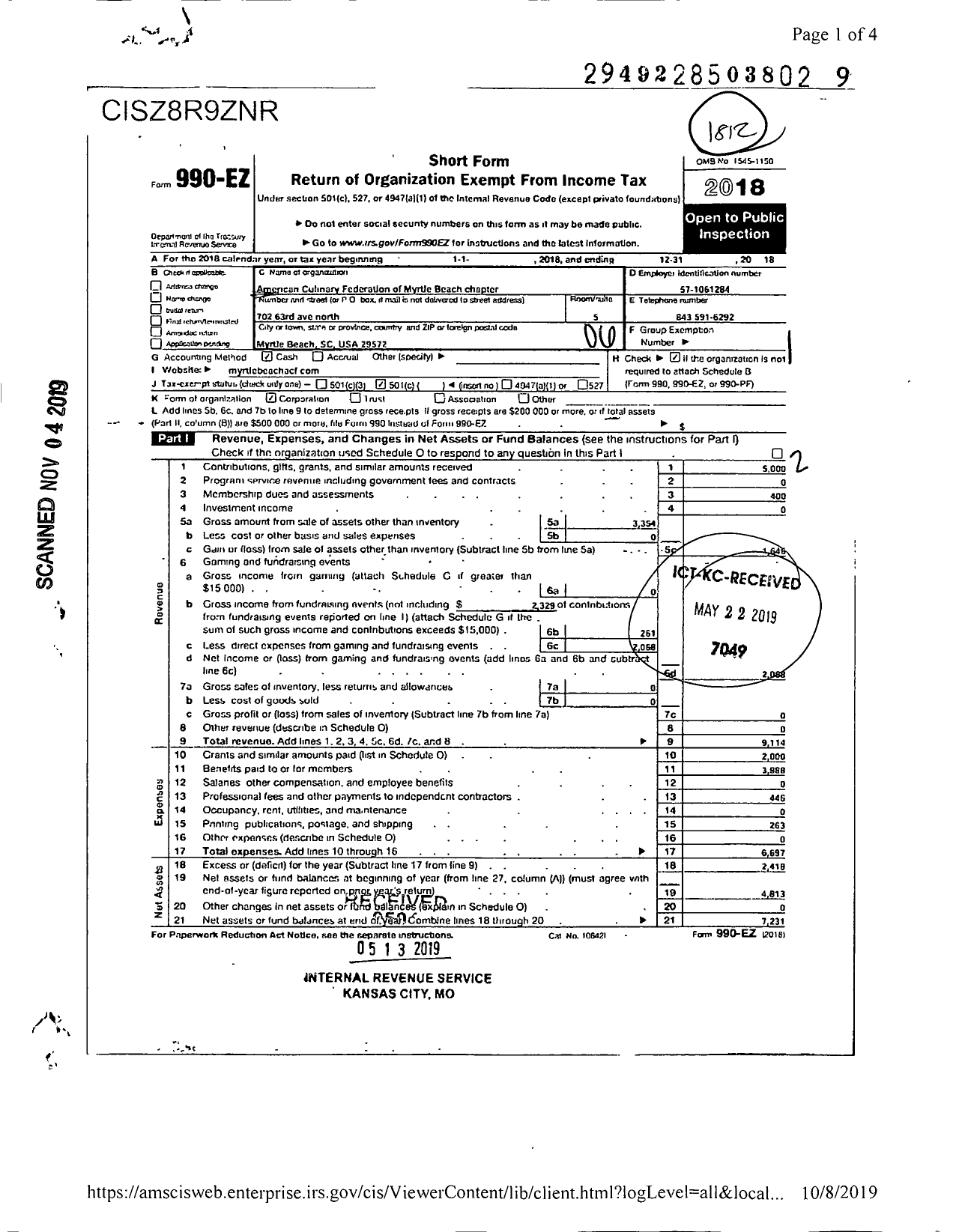 Image of first page of 2018 Form 990EO for Myrtle Beach Chapter American Culinary Federation