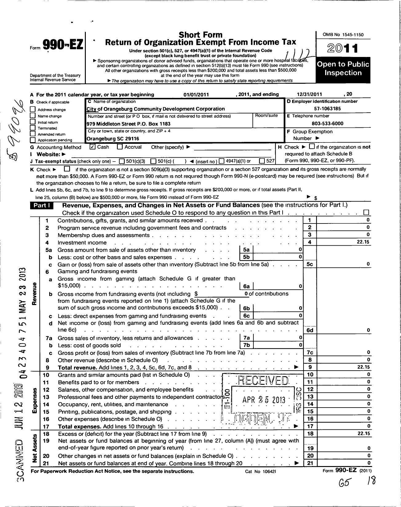 Image of first page of 2011 Form 990EO for City of Orangeburg Community Development Corporation