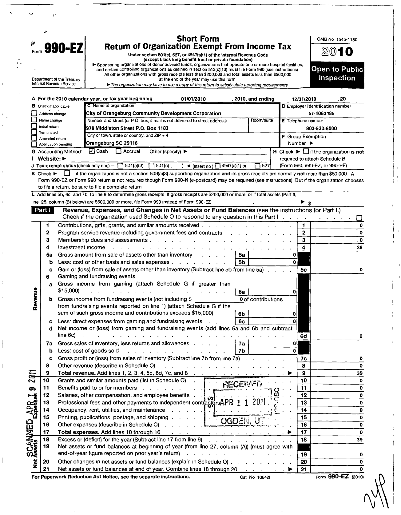 Image of first page of 2010 Form 990EO for City of Orangeburg Community Development Corporation