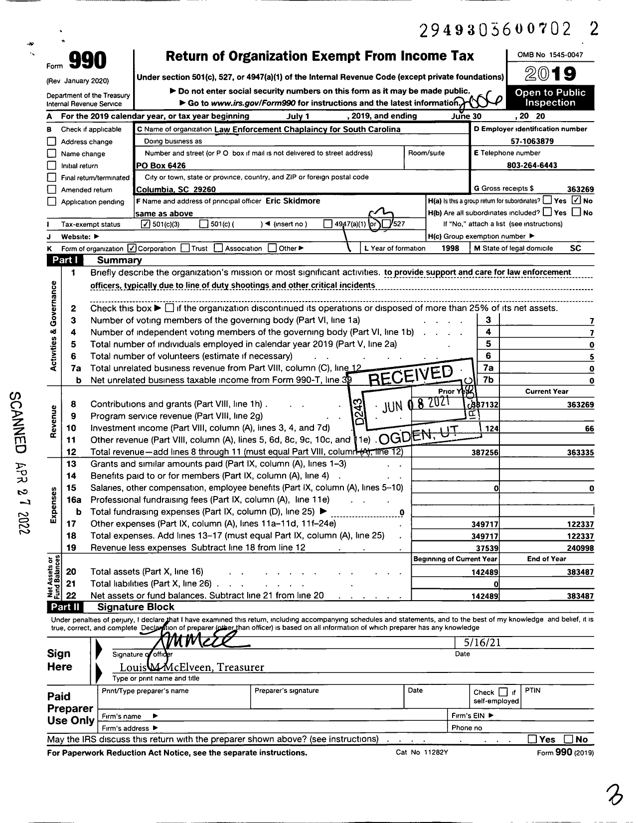 Image of first page of 2019 Form 990 for Law Enforcement Chaplaincy for South Carolina