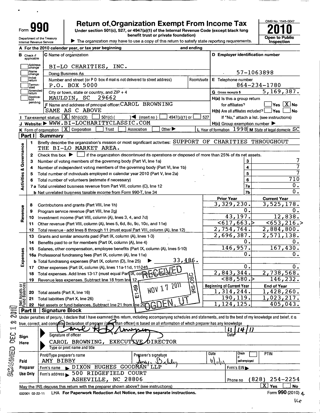 Image of first page of 2010 Form 990 for Bi-Lo Charities