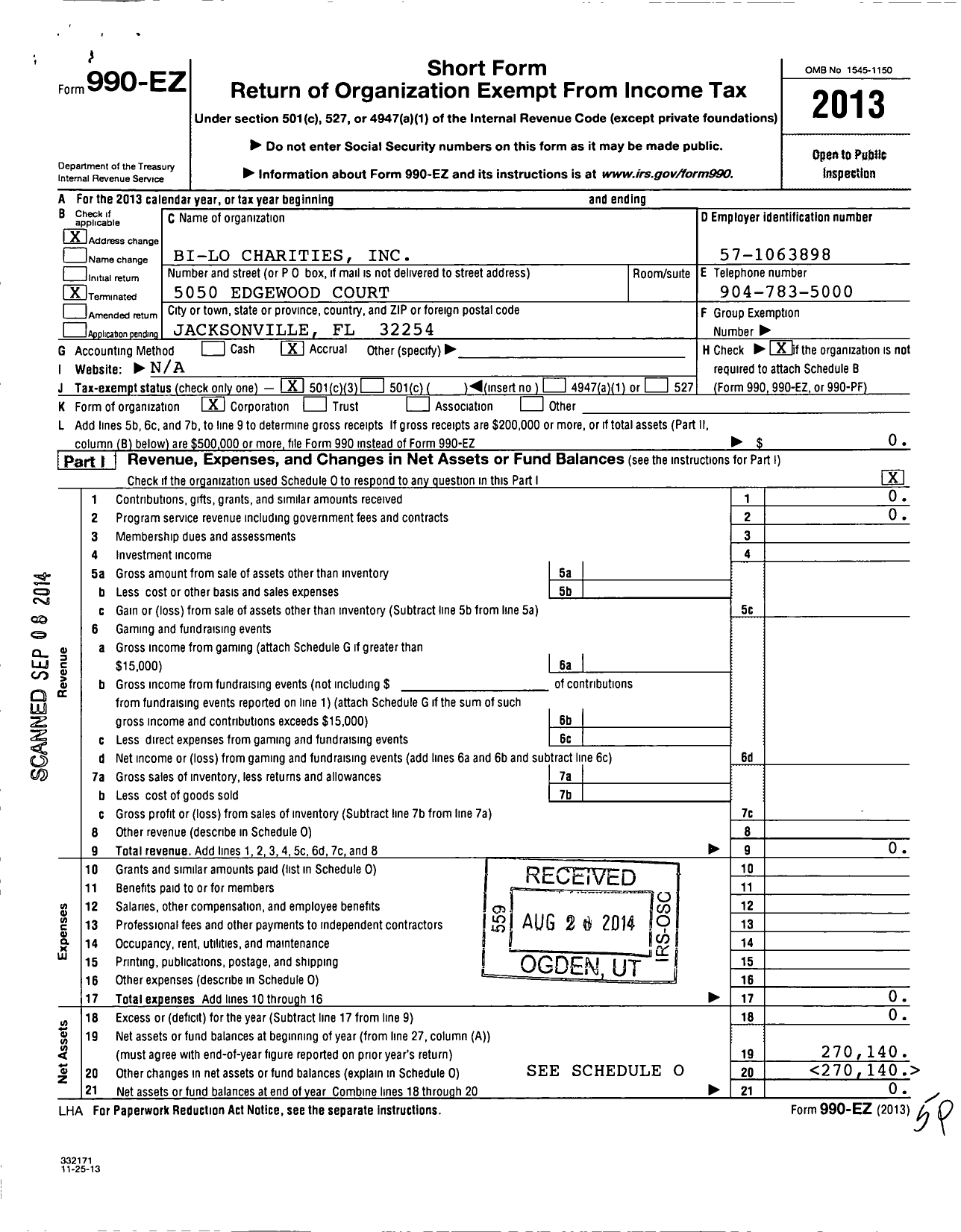 Image of first page of 2013 Form 990EZ for Bi-Lo Charities