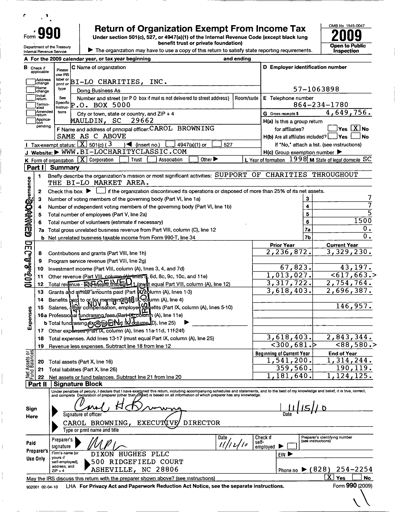 Image of first page of 2009 Form 990 for Bi-Lo Charities