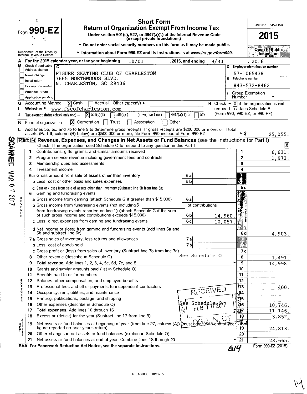Image of first page of 2015 Form 990EZ for Figure Skating Club of Charleston