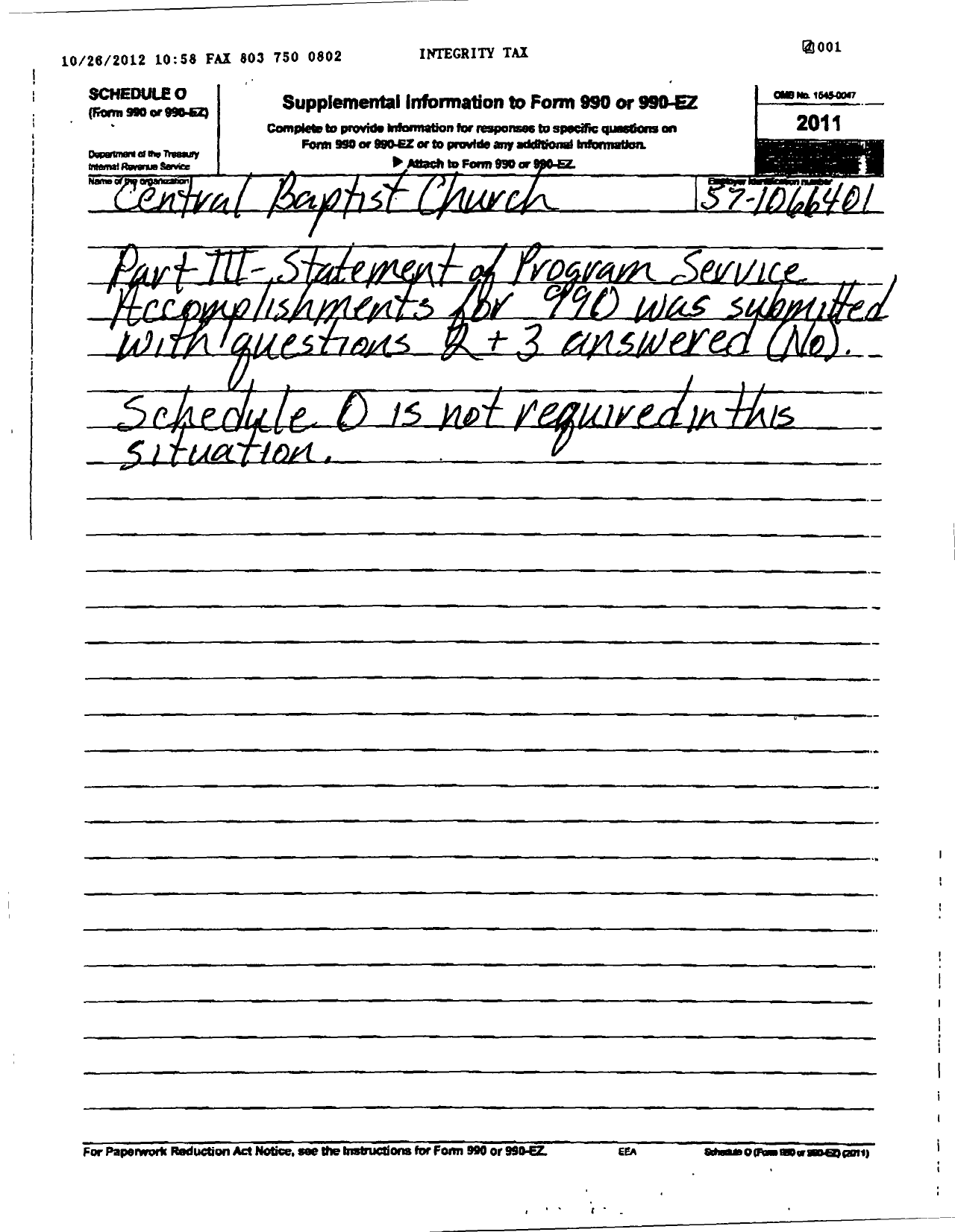 Image of first page of 2011 Form 990R for Central Baptist Church