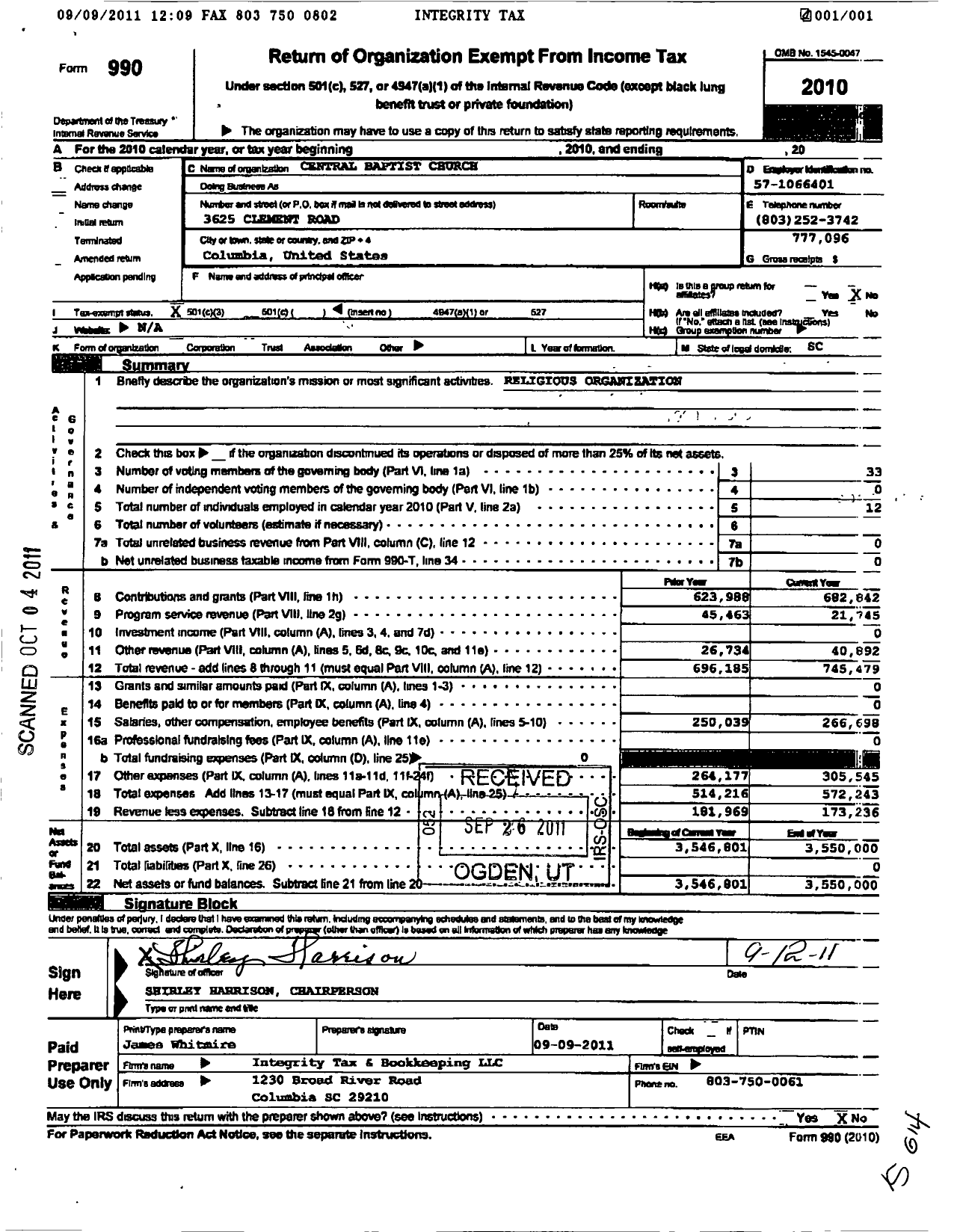Image of first page of 2010 Form 990 for Central Baptist Church