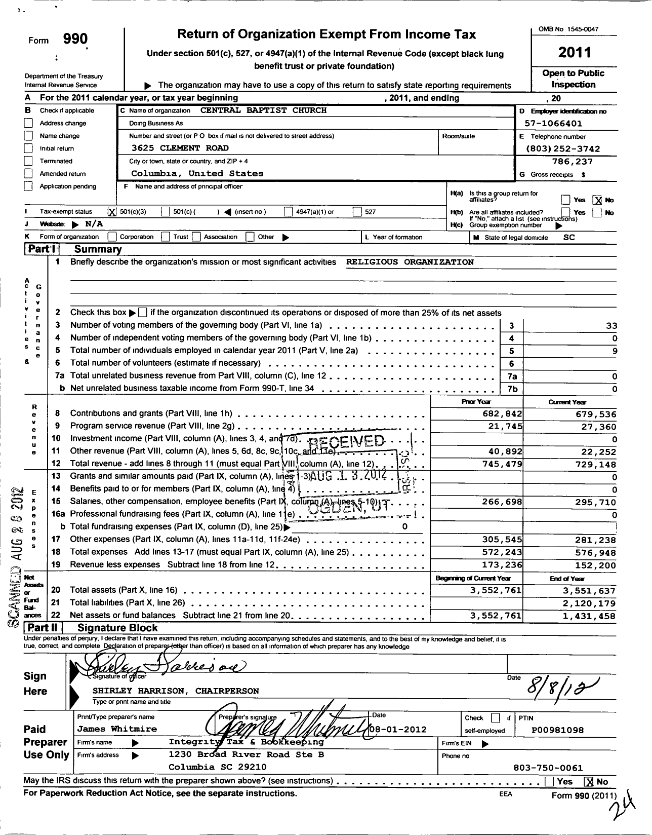 Image of first page of 2011 Form 990 for Central Baptist Church