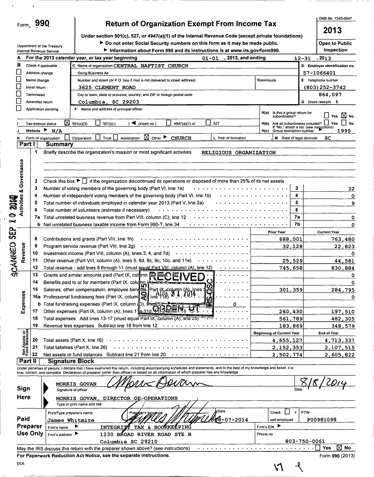 Image of first page of 2013 Form 990 for Central Baptist Church
