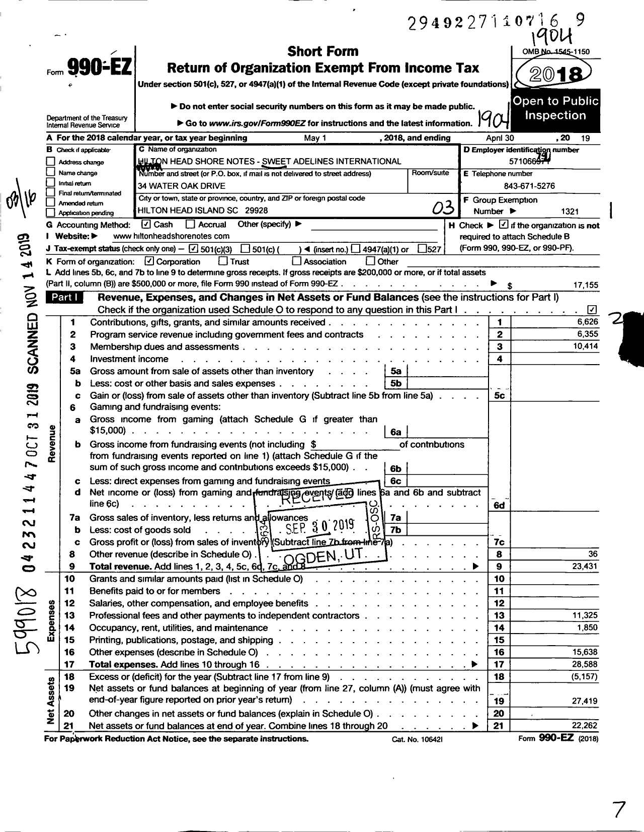 Image of first page of 2018 Form 990EZ for Sweet Adelines International - Hilton Head Shore Notes