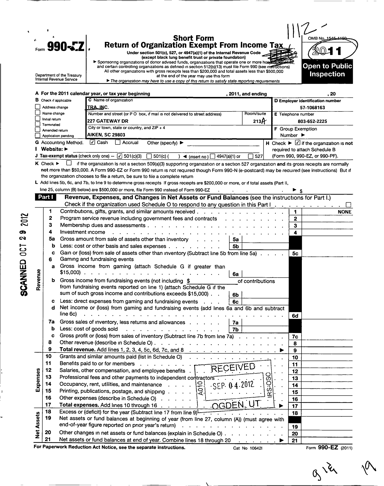 Image of first page of 2011 Form 990EZ for Tra