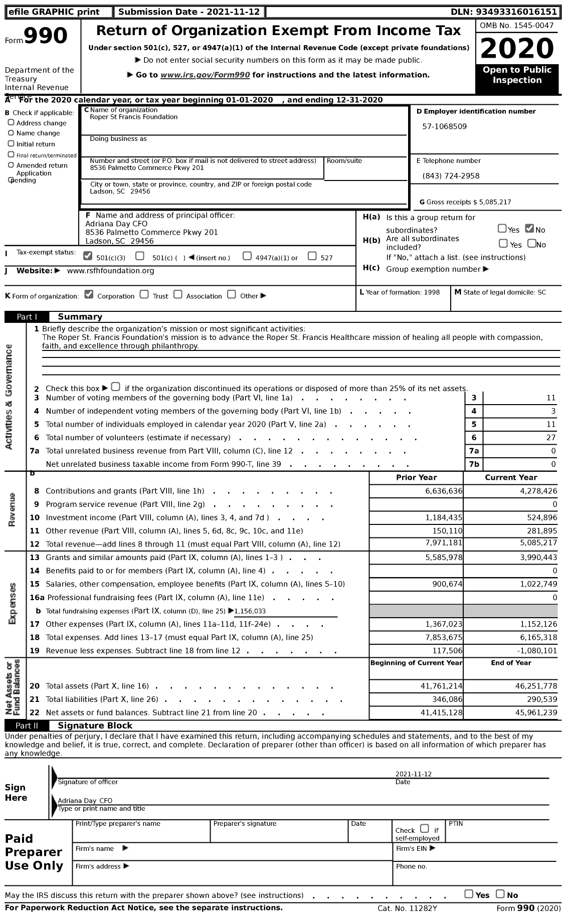 Image of first page of 2020 Form 990 for Roper Saint Francis Foundation