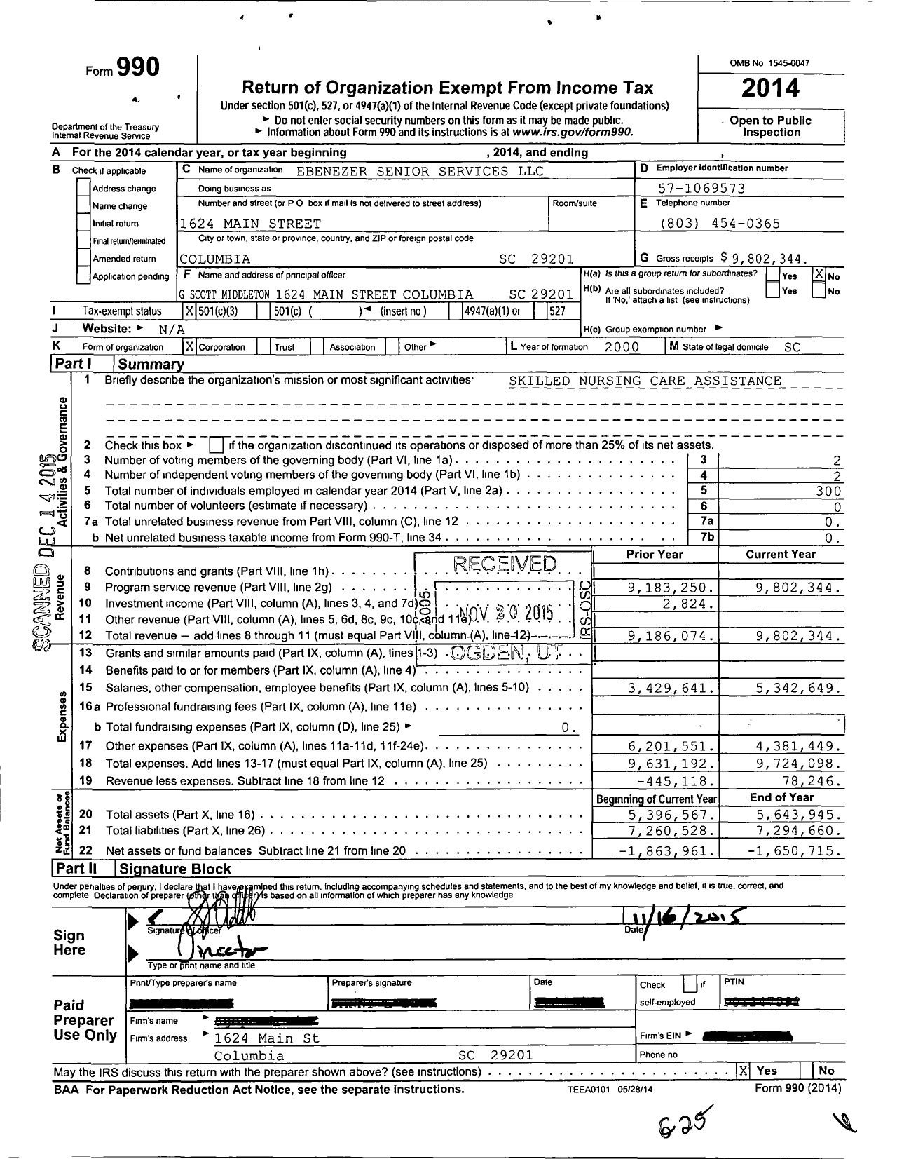 Image of first page of 2014 Form 990 for Ebenezer Senior Services