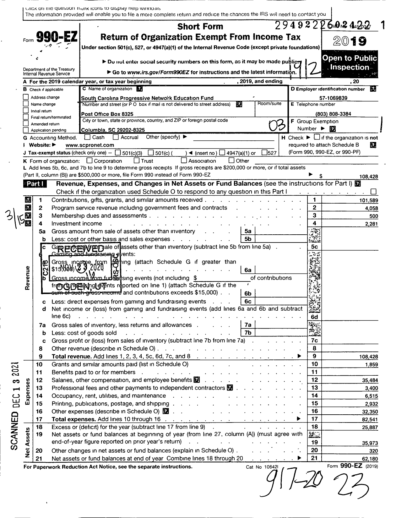 Image of first page of 2019 Form 990EZ for Modjeska Simkins School for Human Rights