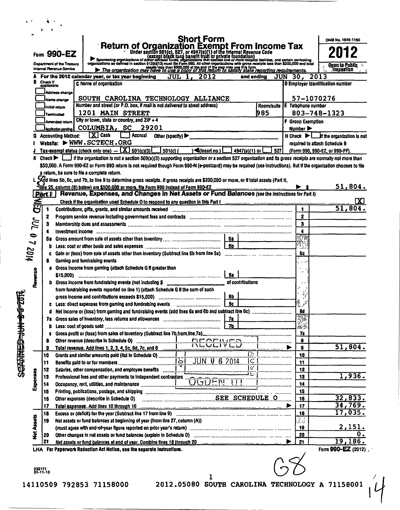 Image of first page of 2012 Form 990EZ for South Carolina Technology Alliance