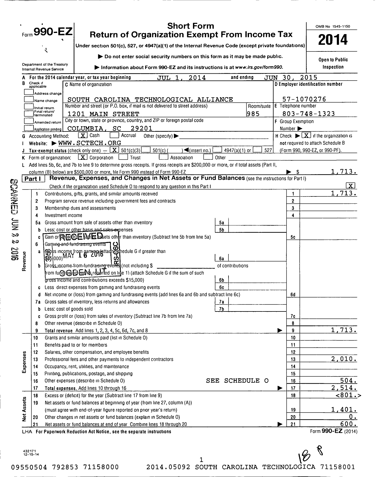 Image of first page of 2014 Form 990EZ for South Carolina Technology Alliance