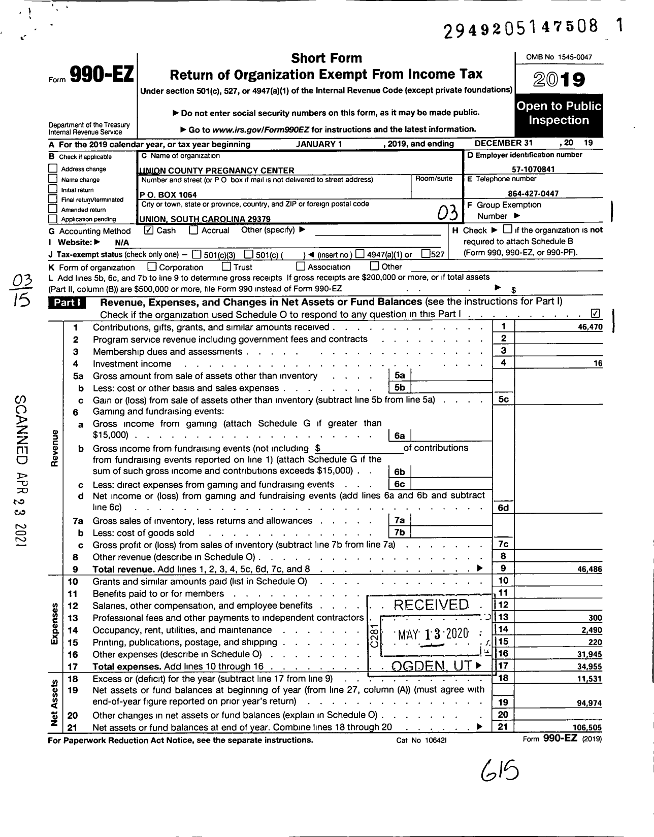 Image of first page of 2019 Form 990EZ for UNION County PREGNANCY CENTER