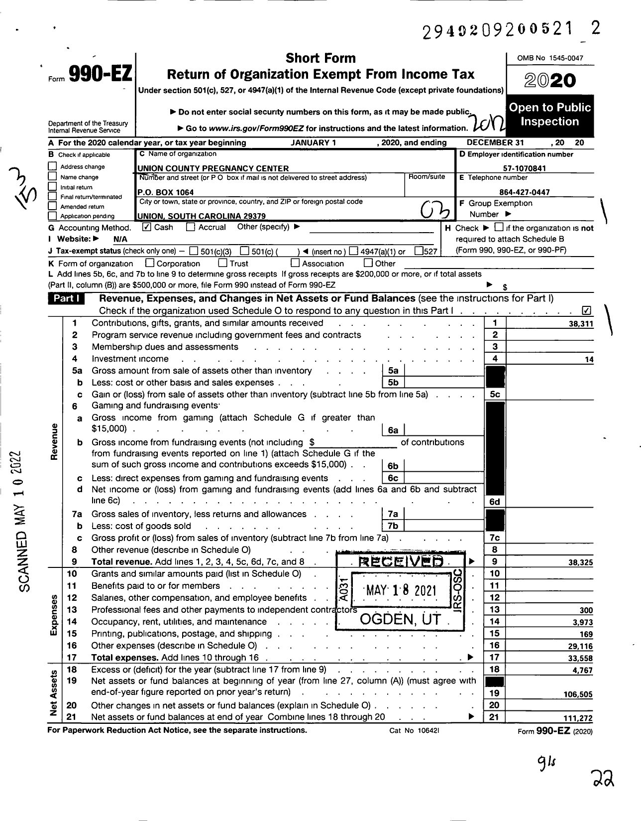 Image of first page of 2020 Form 990EZ for UNION County PREGNANCY CENTER