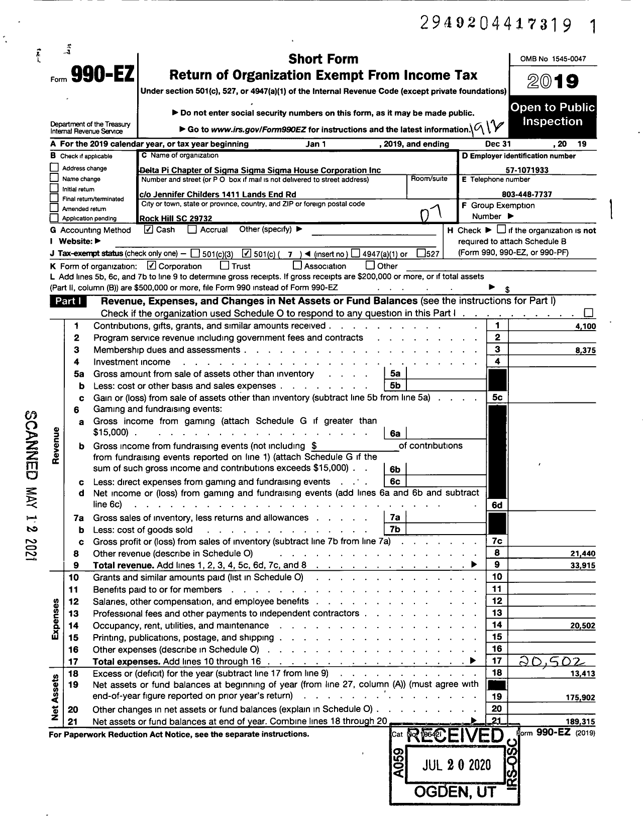 Image of first page of 2019 Form 990EO for Delta Pi Chapter of Sigma Sigma Sigma House Corporation