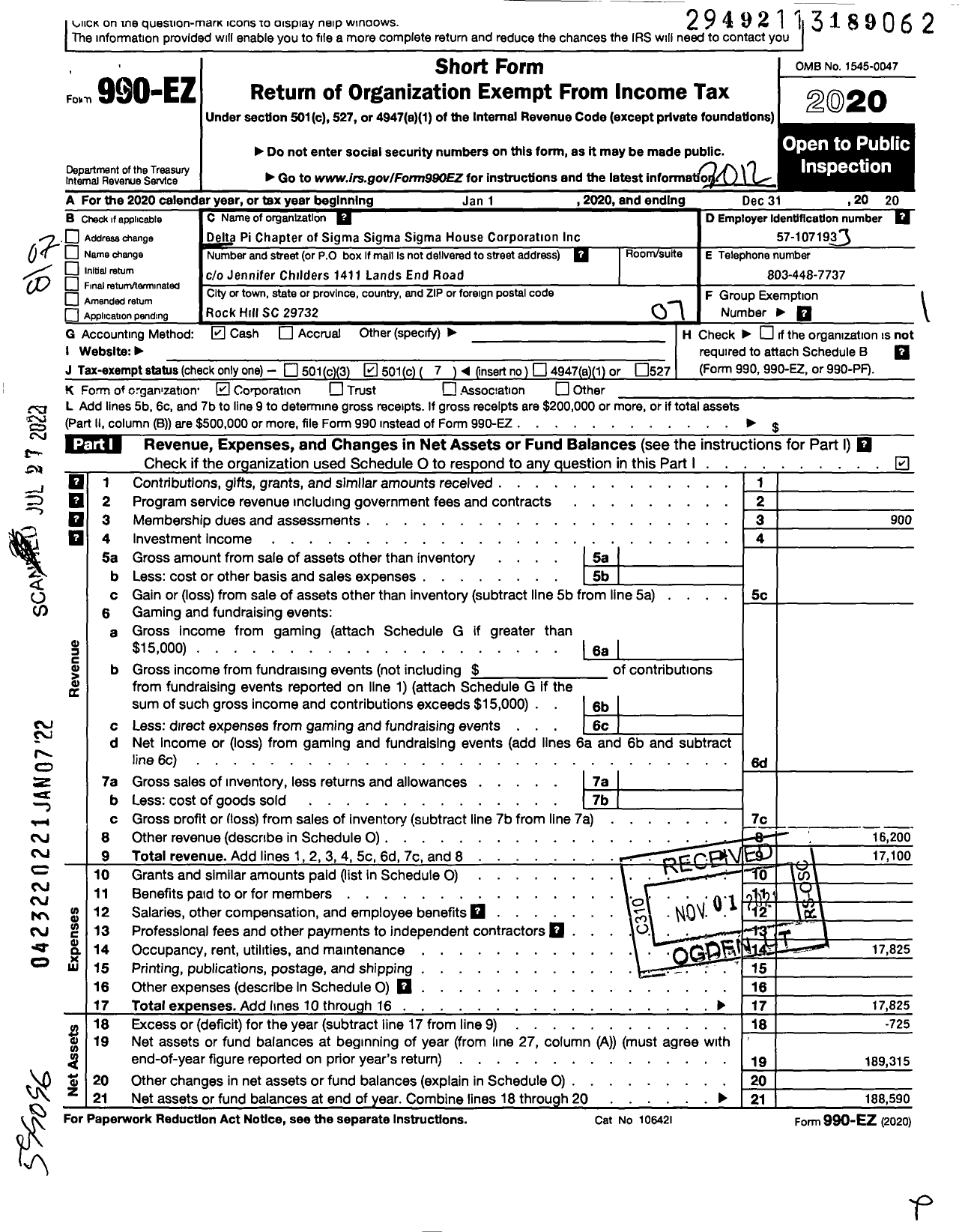 Image of first page of 2020 Form 990EO for Delta Pi Chapter of Sigma Sigma Sigma House Corporation