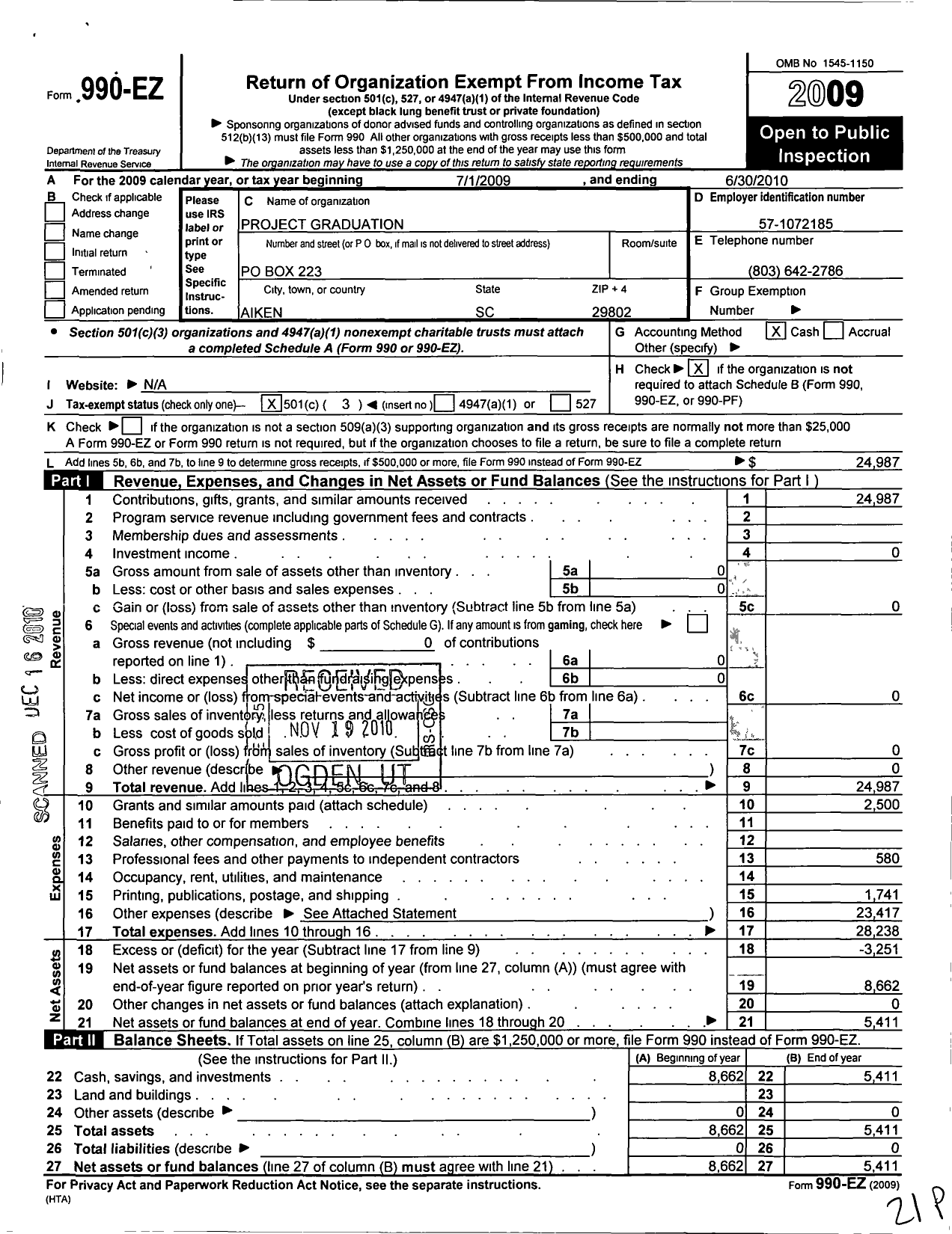 Image of first page of 2009 Form 990EZ for Project Graduation