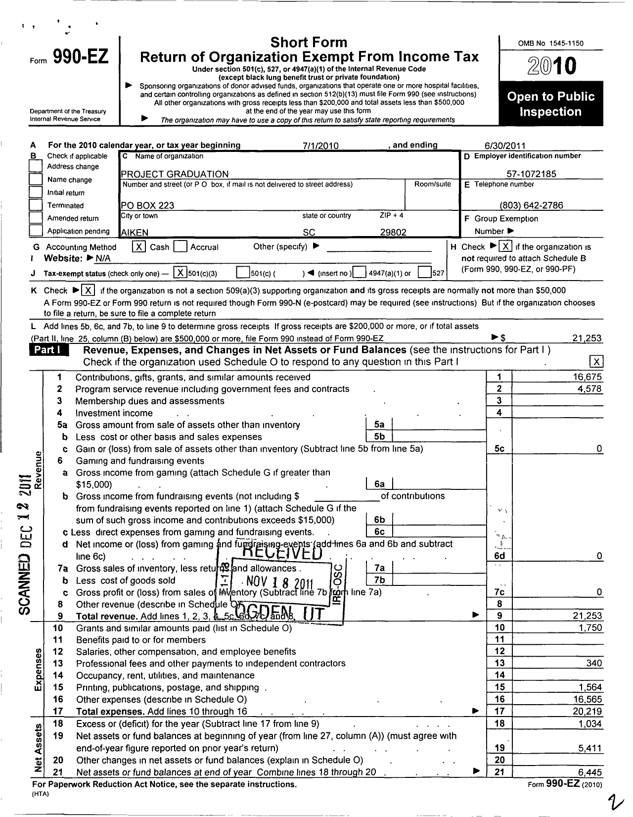 Image of first page of 2010 Form 990EZ for Project Graduation