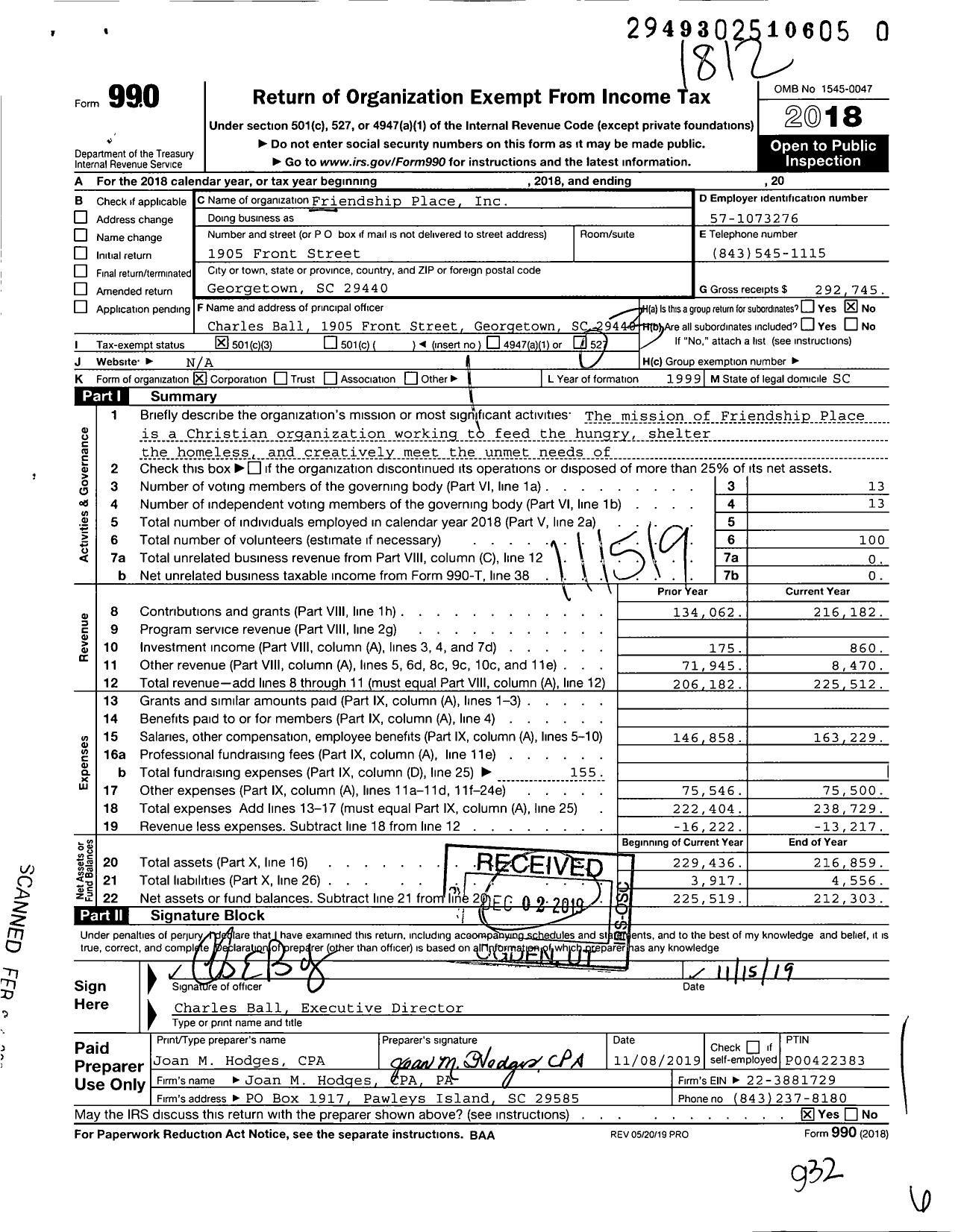 Image of first page of 2018 Form 990 for Friendship Place