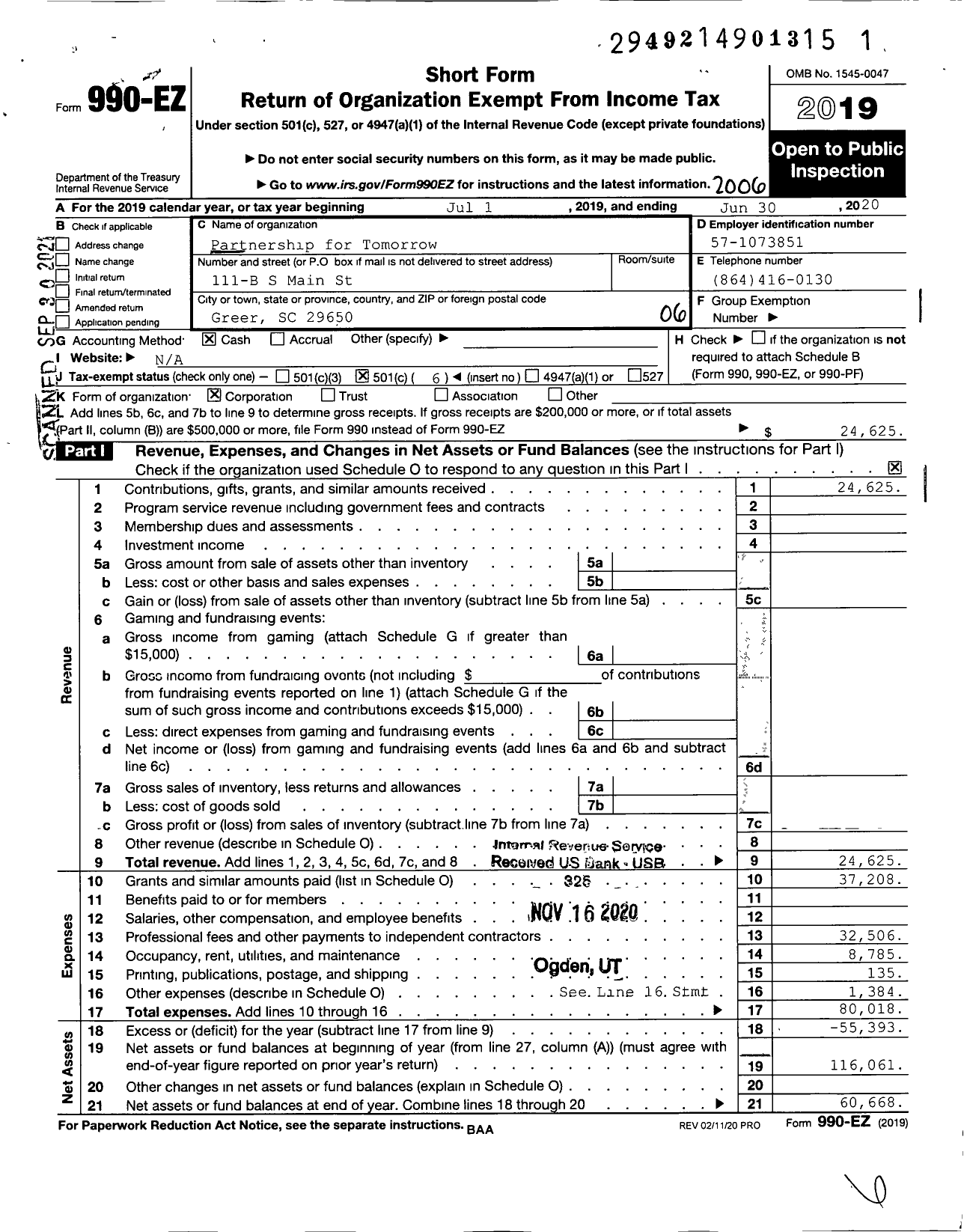 Image of first page of 2019 Form 990EO for Partnership for Tomorrow