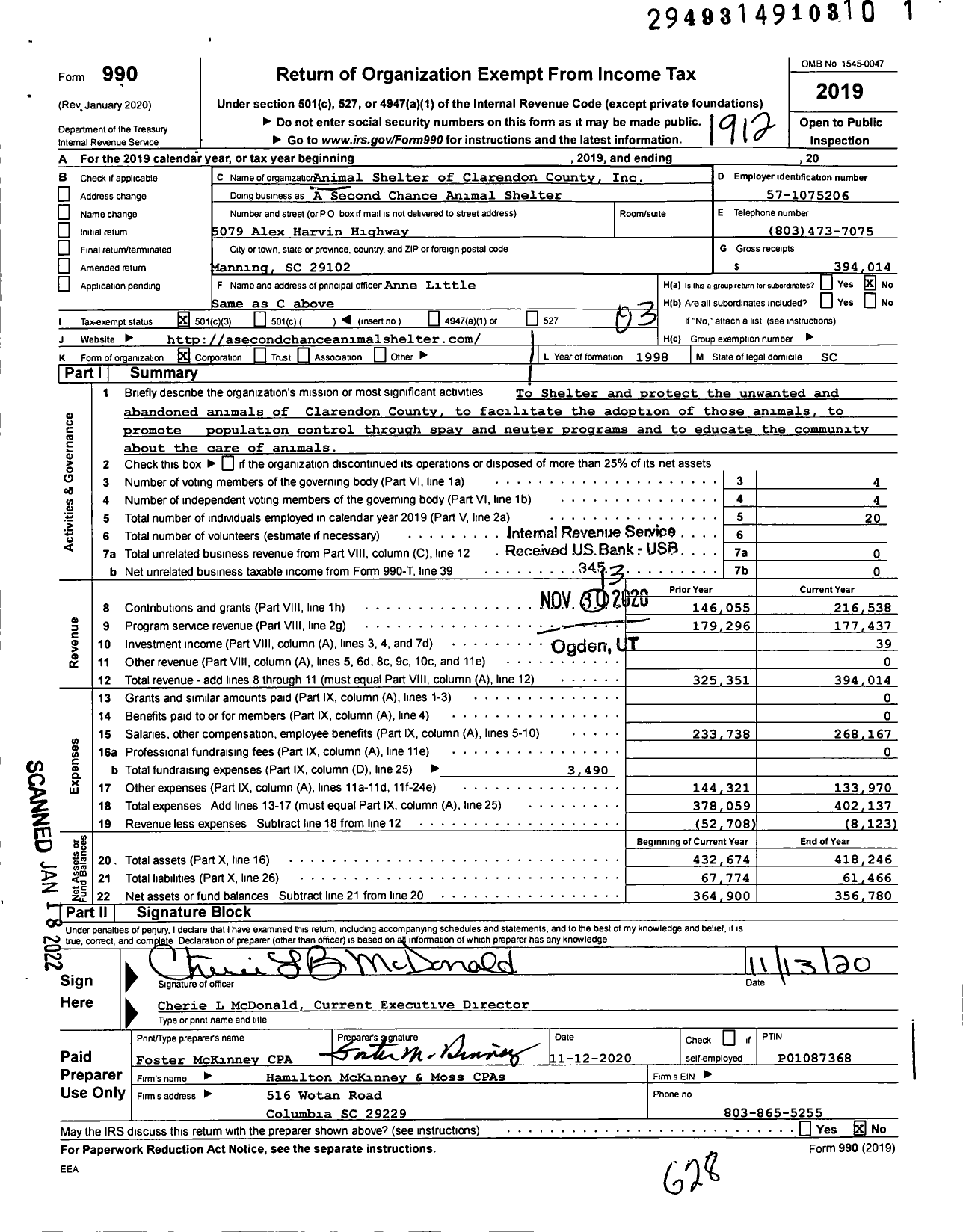 Image of first page of 2019 Form 990 for Animal Second Chance Animal Shelter