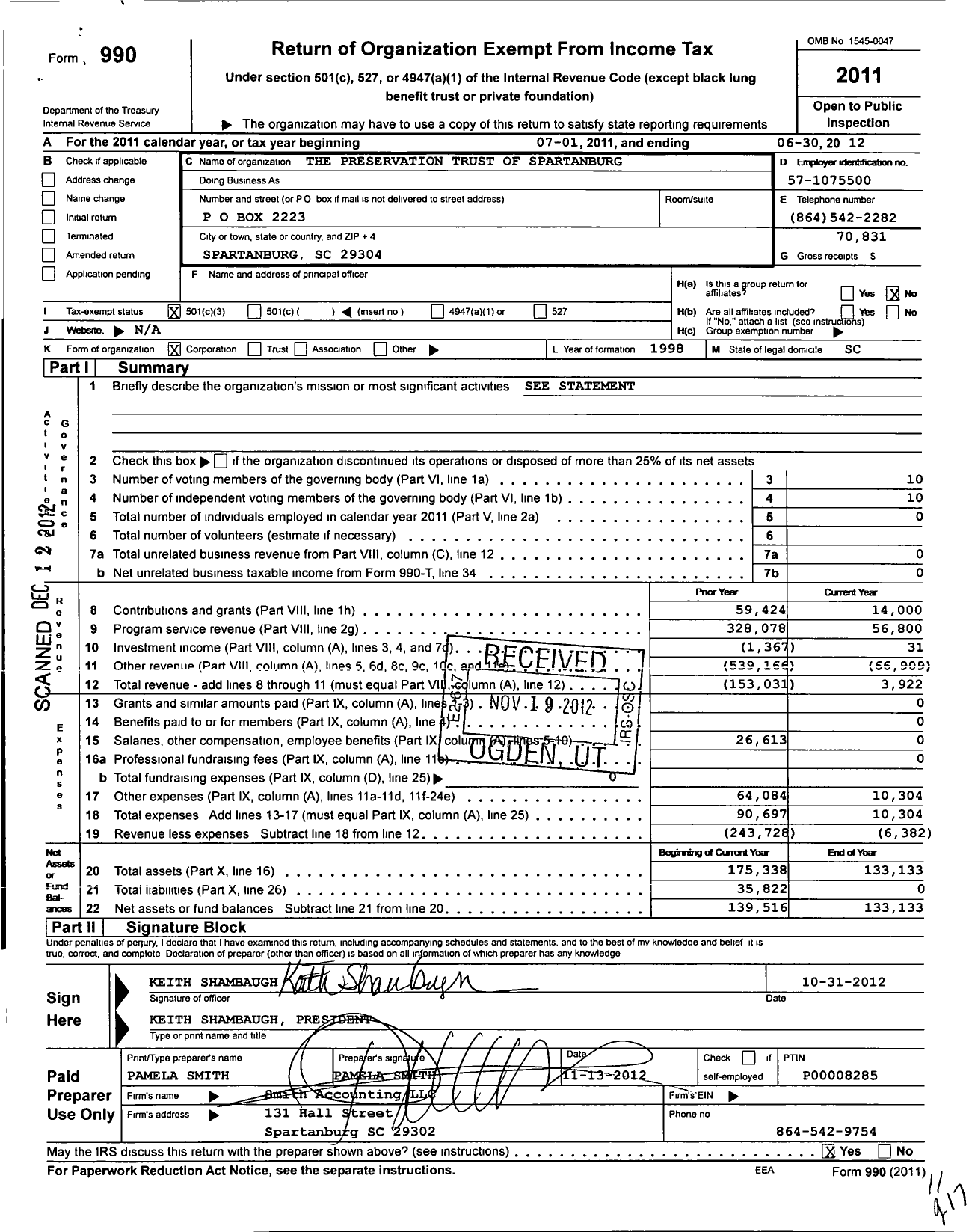 Image of first page of 2011 Form 990 for Preservation Trust of Spartanburg