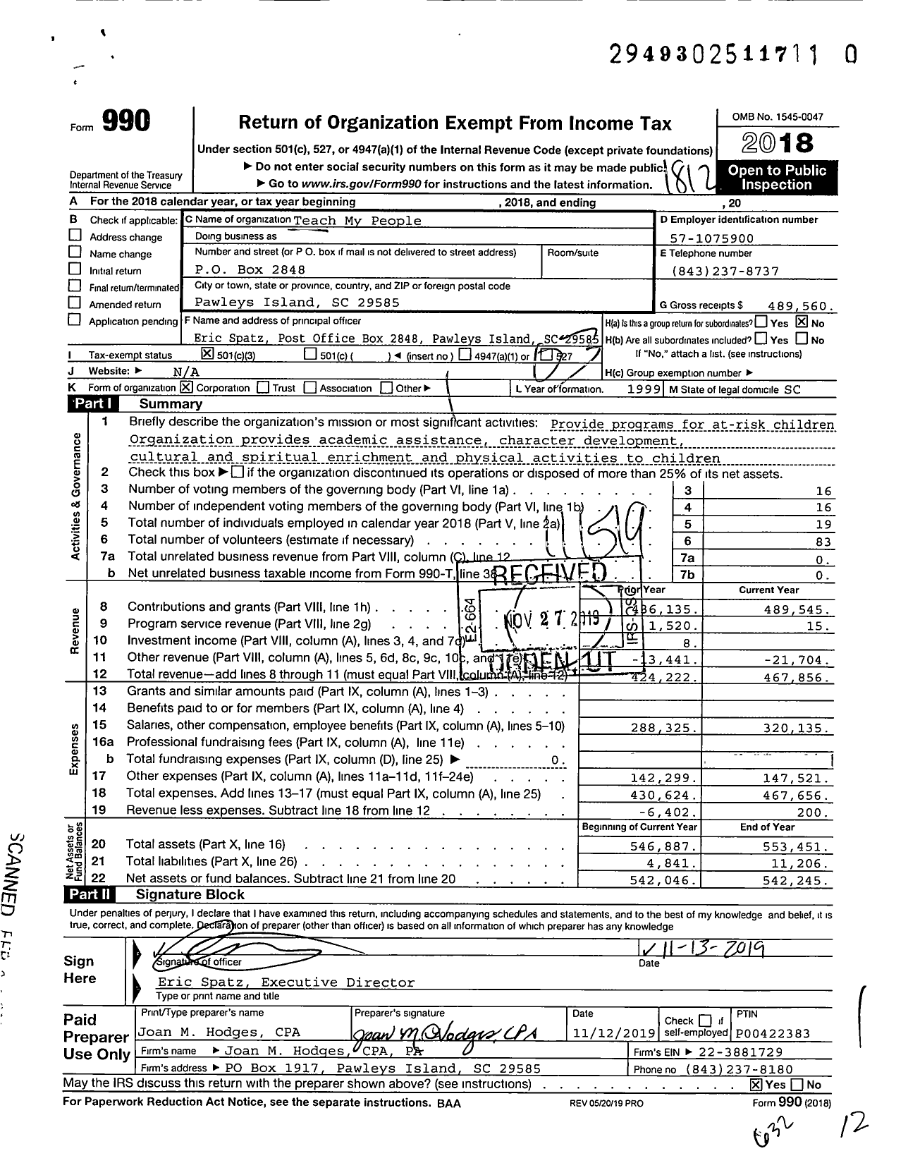 Image of first page of 2018 Form 990 for Teach My People