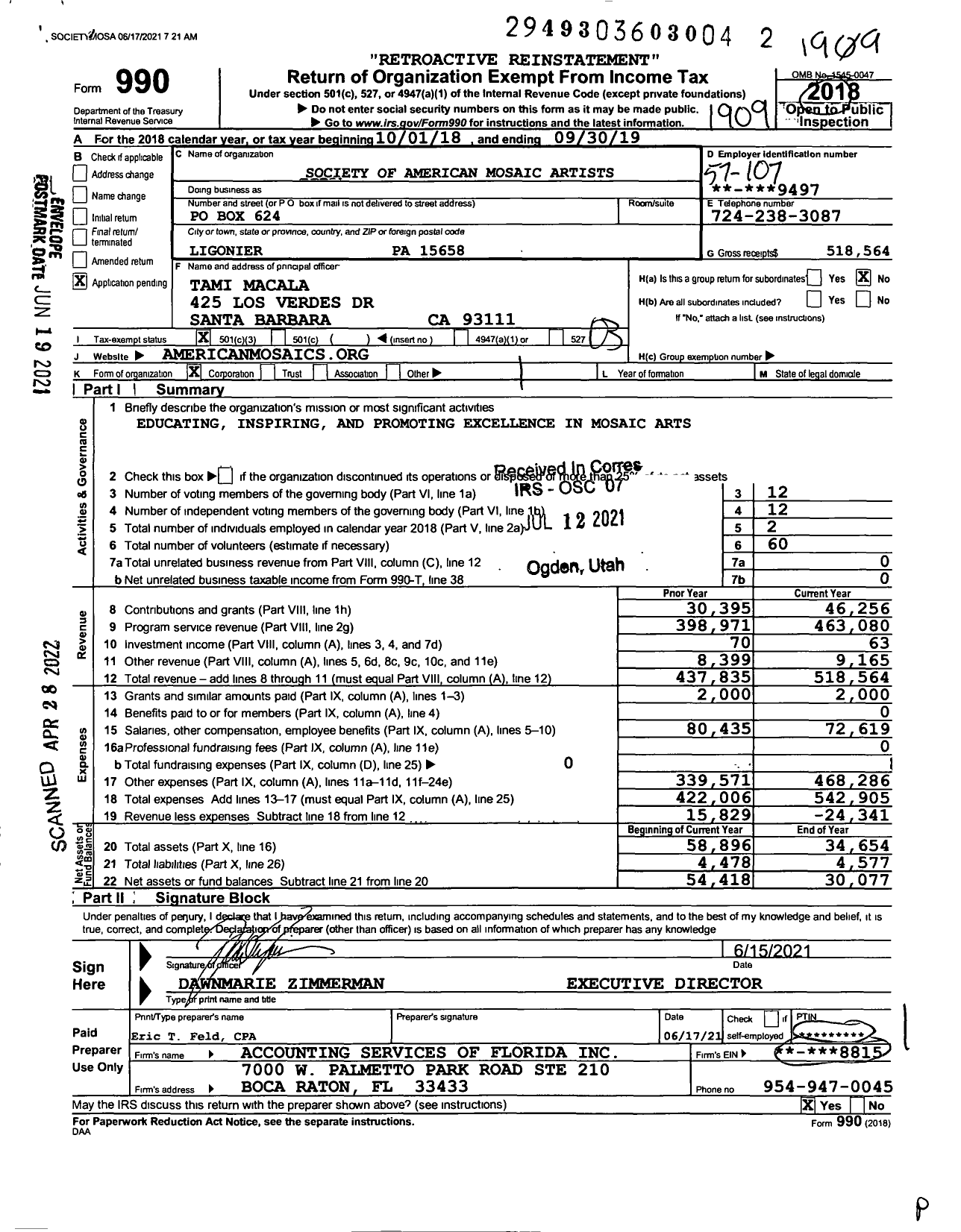 Image of first page of 2018 Form 990 for Society of American Mosaic Artists