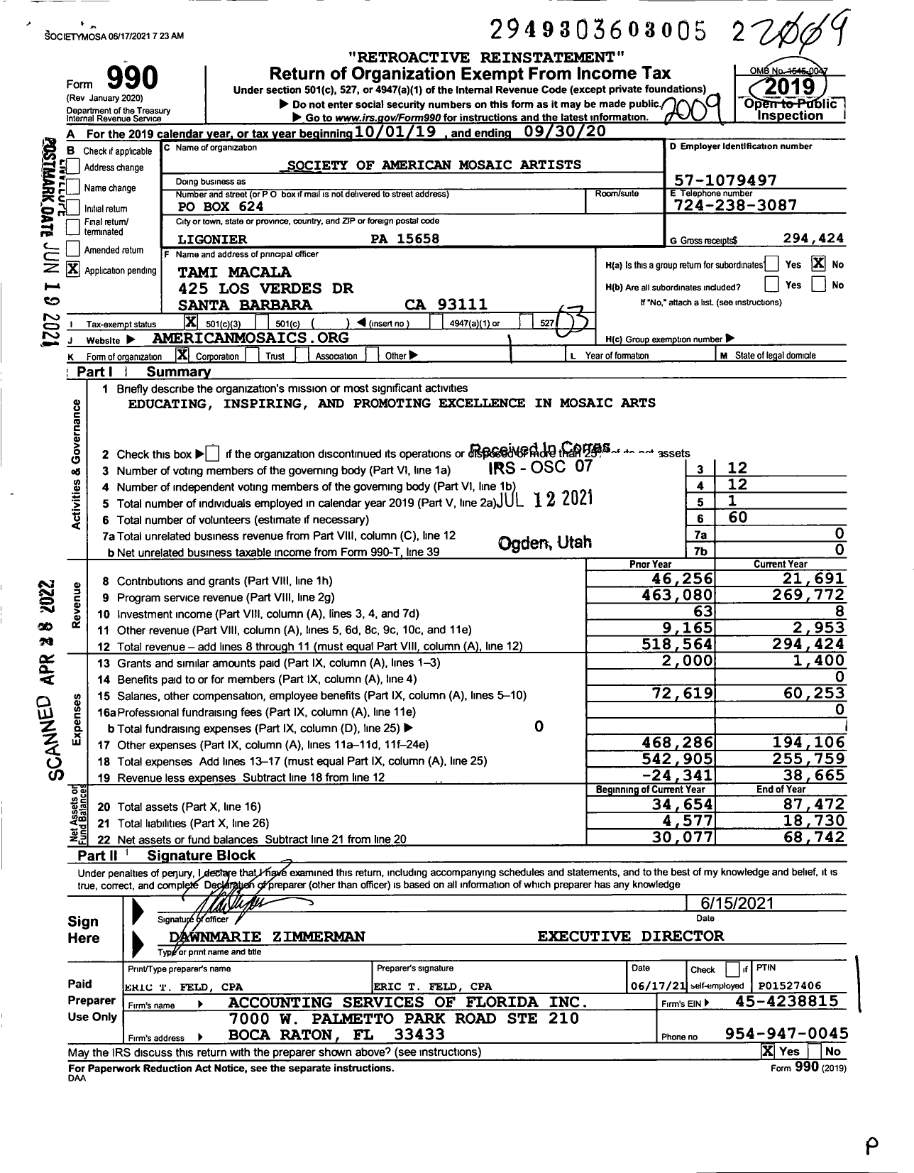 Image of first page of 2019 Form 990 for Society of American Mosaic Artists