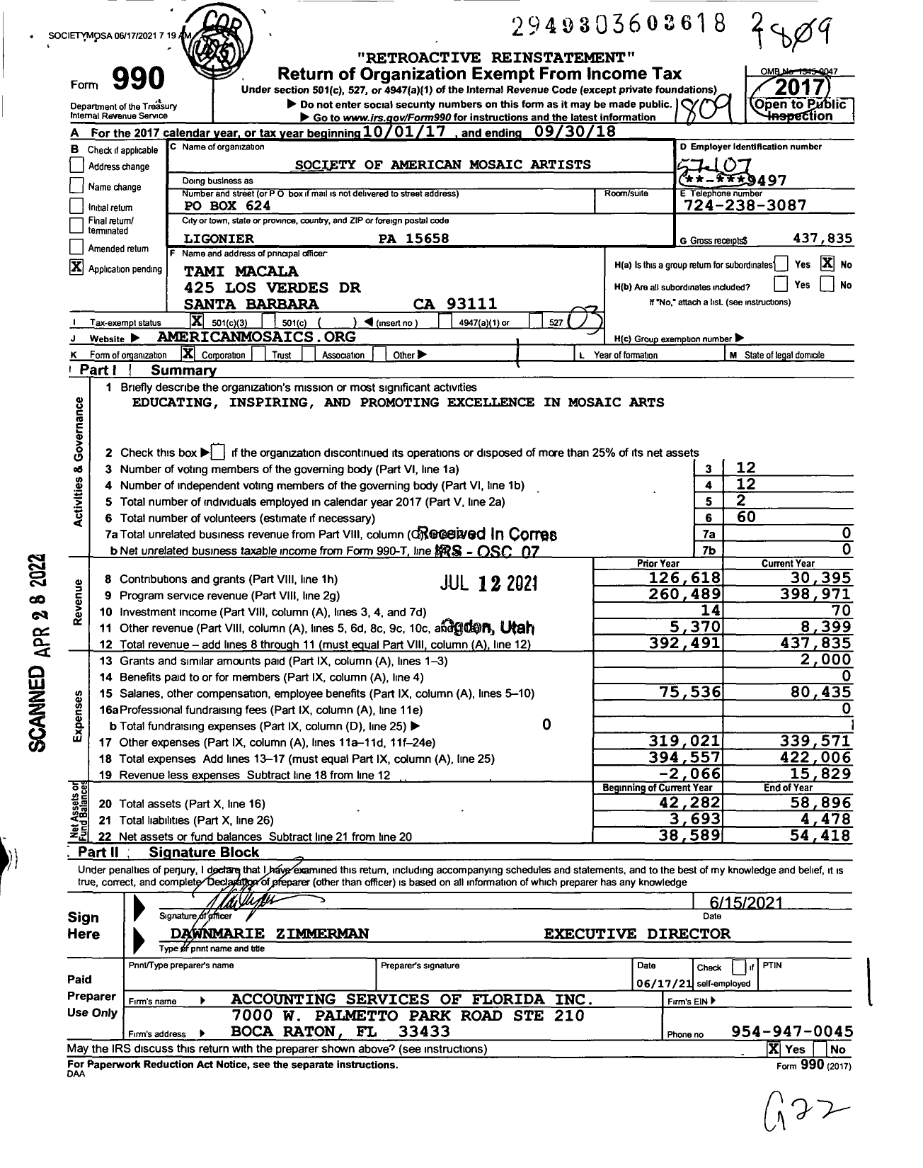 Image of first page of 2017 Form 990 for Society of American Mosaic Artists