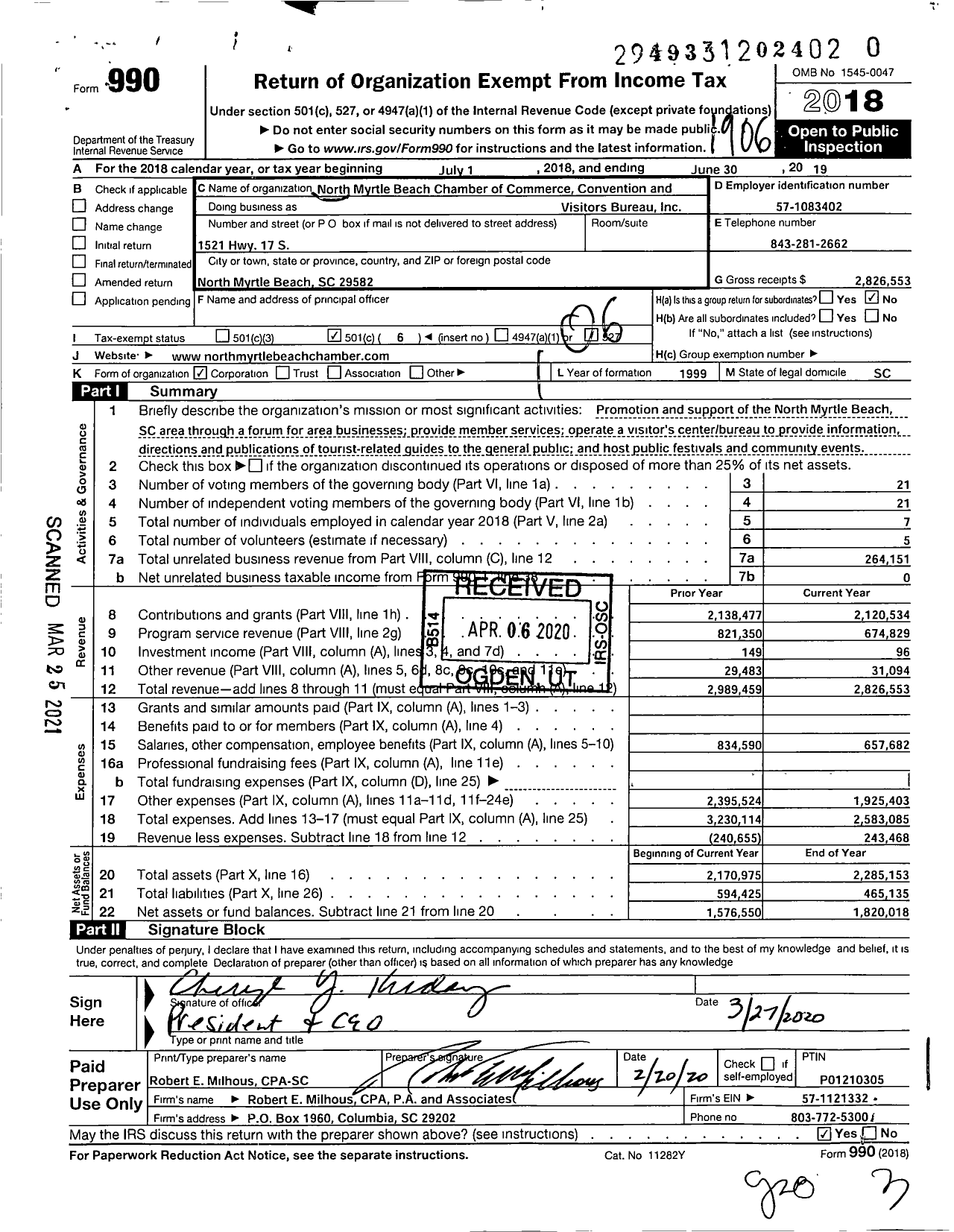 Image of first page of 2018 Form 990O for North Myrtle Beach Chamber of Commerce