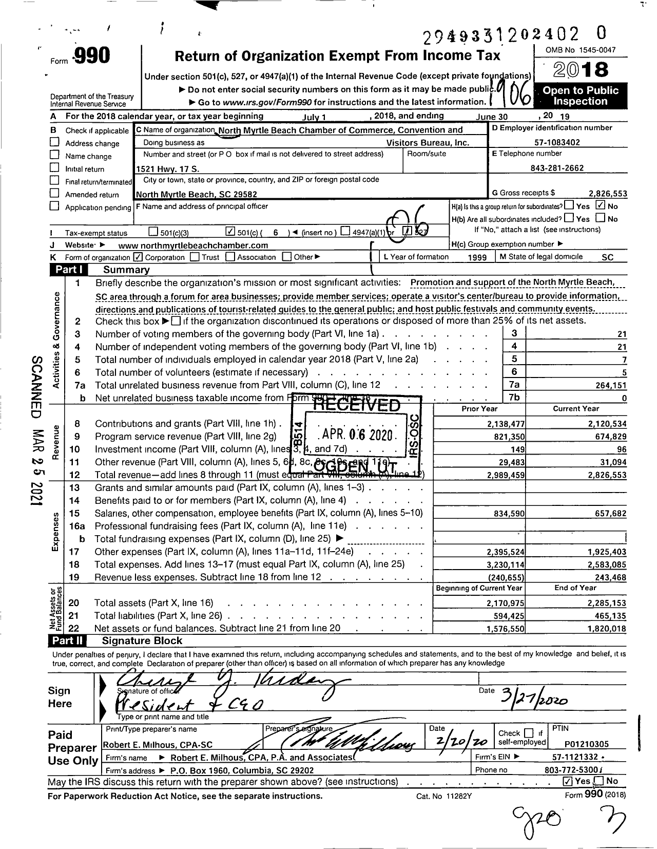 Image of first page of 2018 Form 990O for North Myrtle Beach Chamber of Commerce Convention and Vistor's Bureau