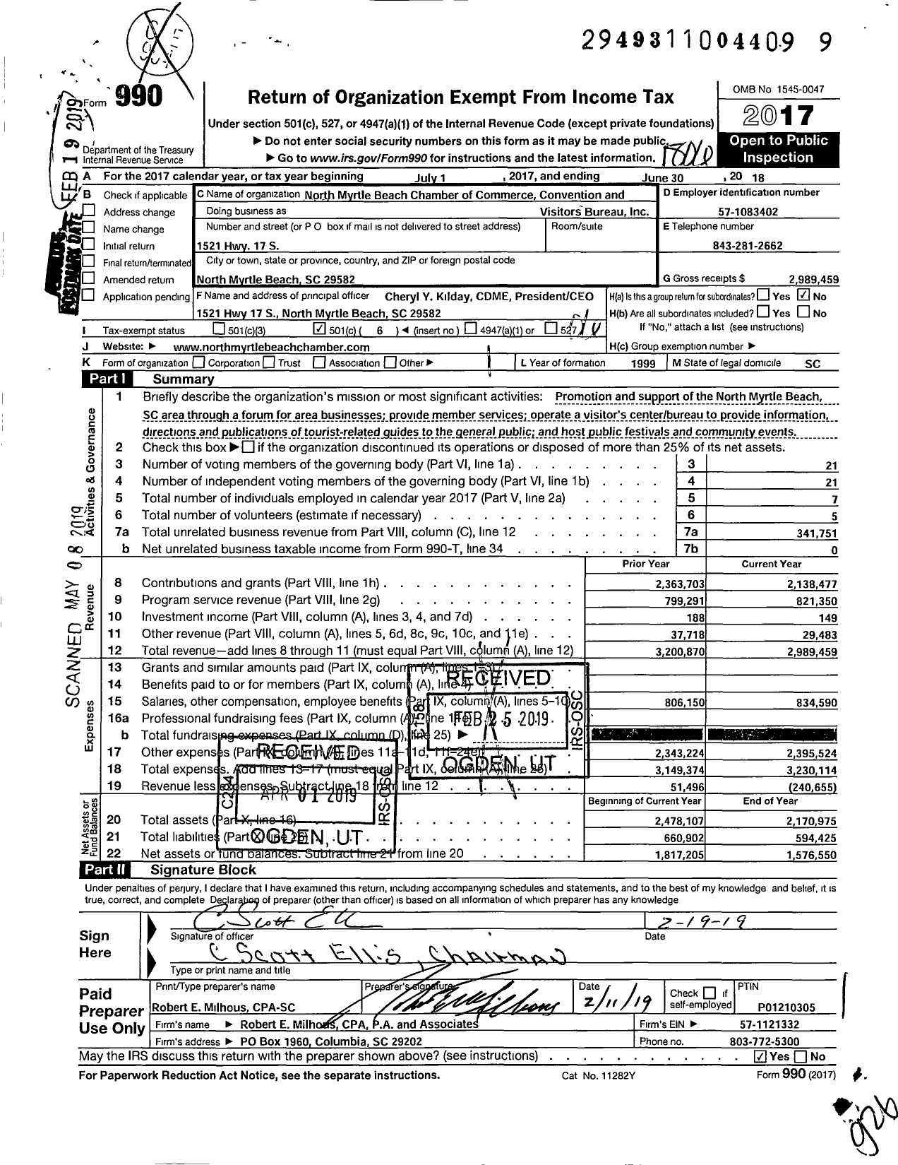 Image of first page of 2017 Form 990O for North Myrtle Beach Chamber of Commerce