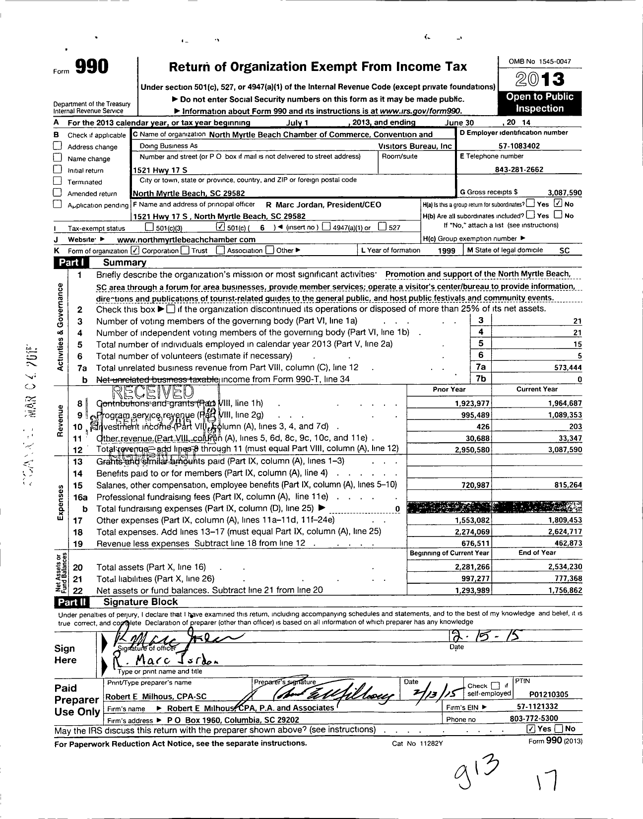 Image of first page of 2013 Form 990O for North Myrtle Beach Chamber of Commerce