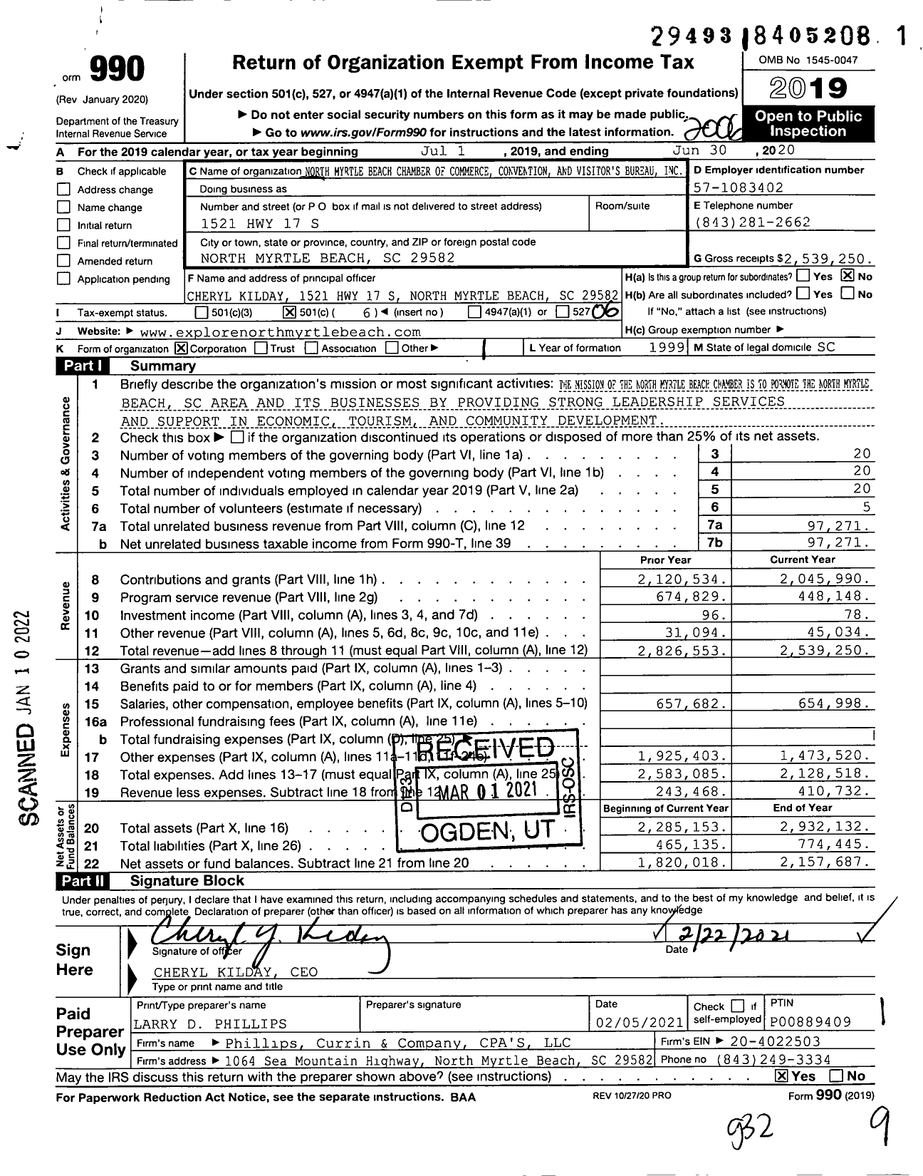 Image of first page of 2019 Form 990O for North Myrtle Beach Chamber of Commerce