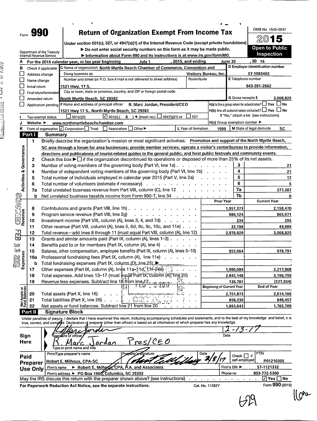 Image of first page of 2015 Form 990O for North Myrtle Beach Chamber of Commerce