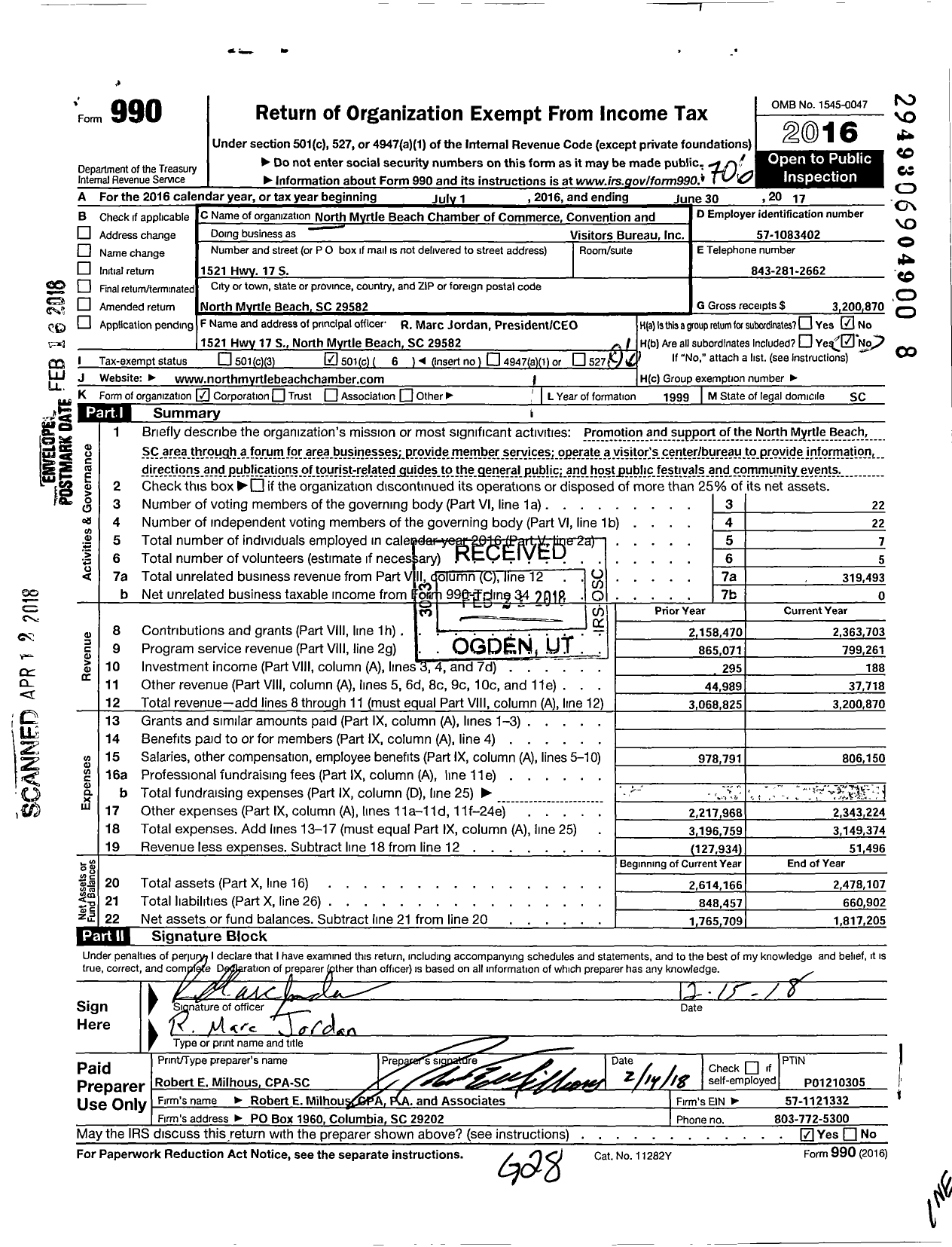 Image of first page of 2016 Form 990O for North Myrtle Beach Chamber of Commerce
