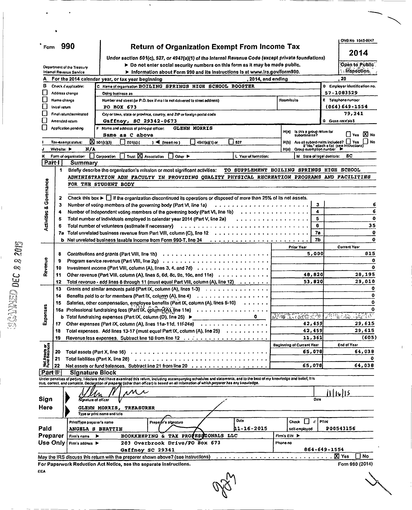 Image of first page of 2014 Form 990 for Boiling Springs High School Booster