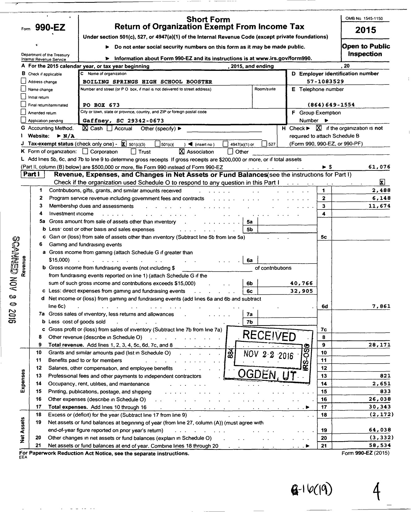 Image of first page of 2015 Form 990EZ for Boiling Springs High School Booster