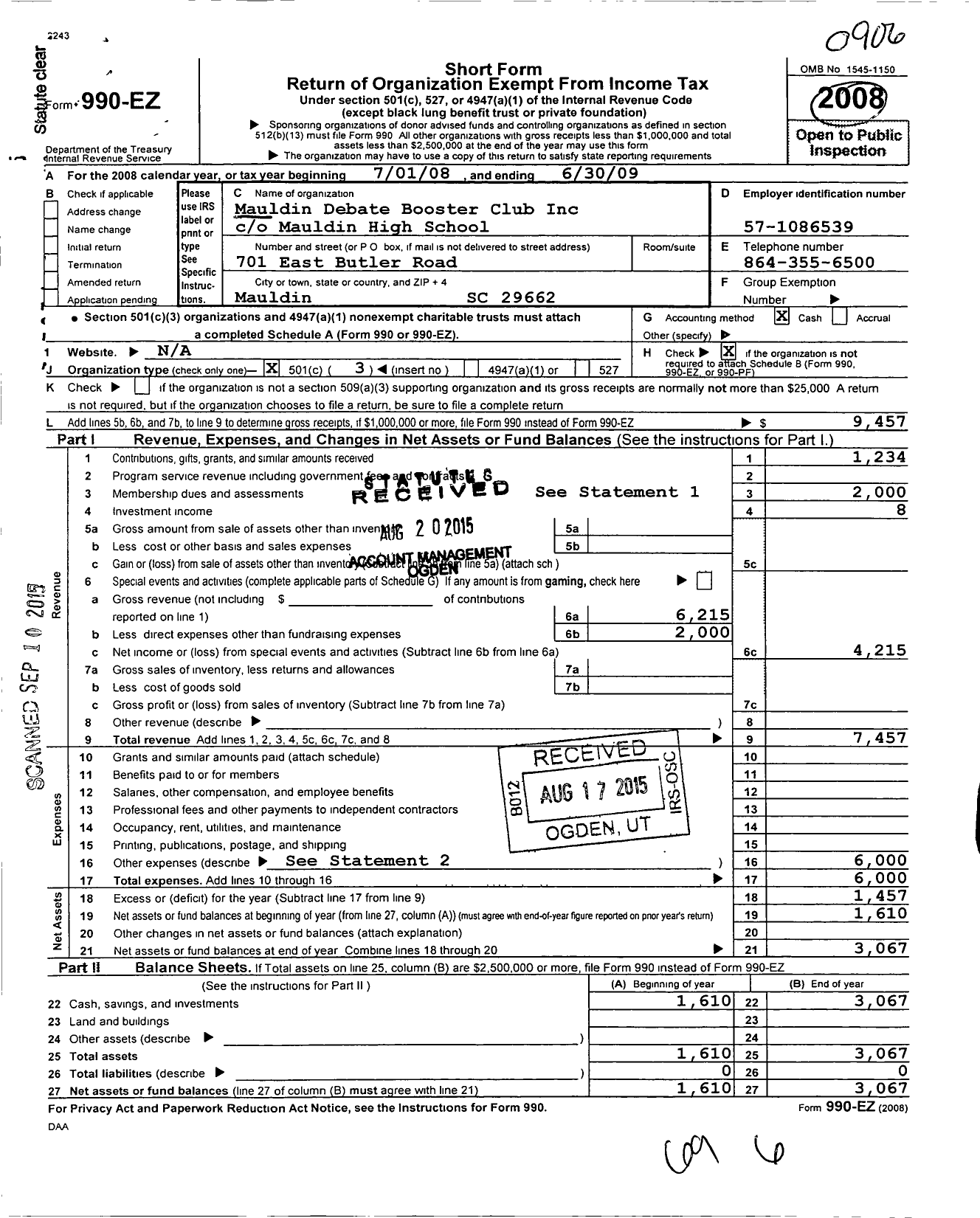 Image of first page of 2008 Form 990EZ for Mauldin Debate Booster Club