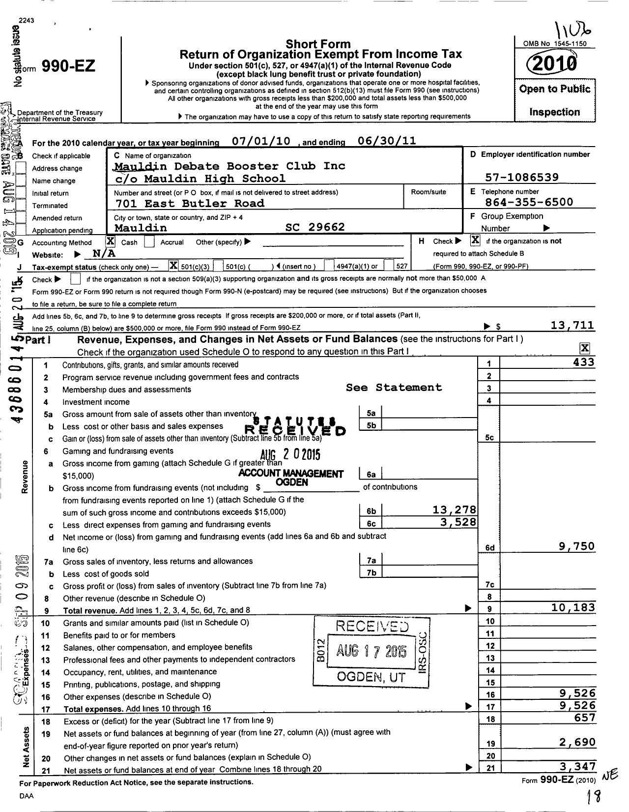 Image of first page of 2010 Form 990EZ for Mauldin Debate Booster Club