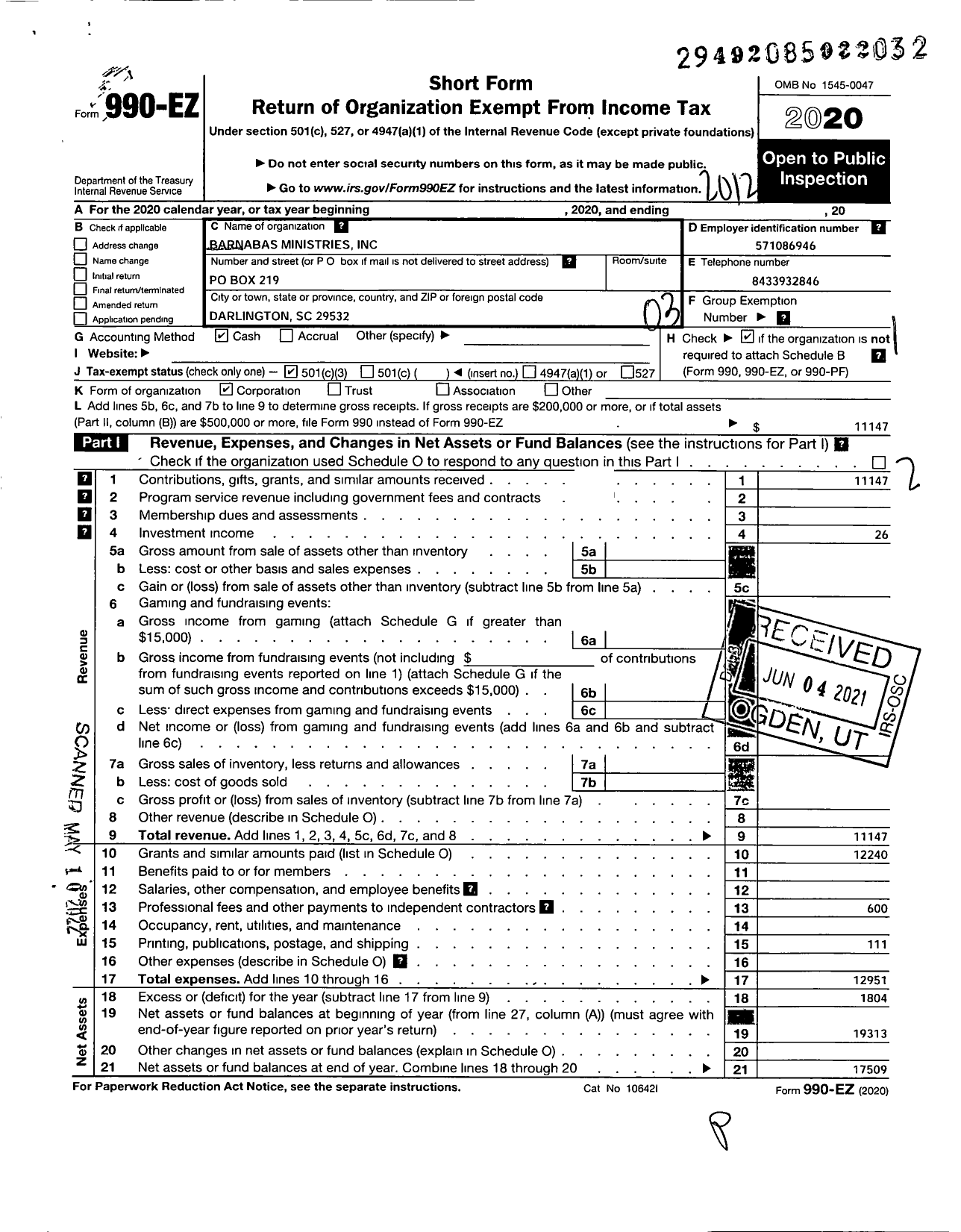 Image of first page of 2020 Form 990EZ for Barnabas Ministries